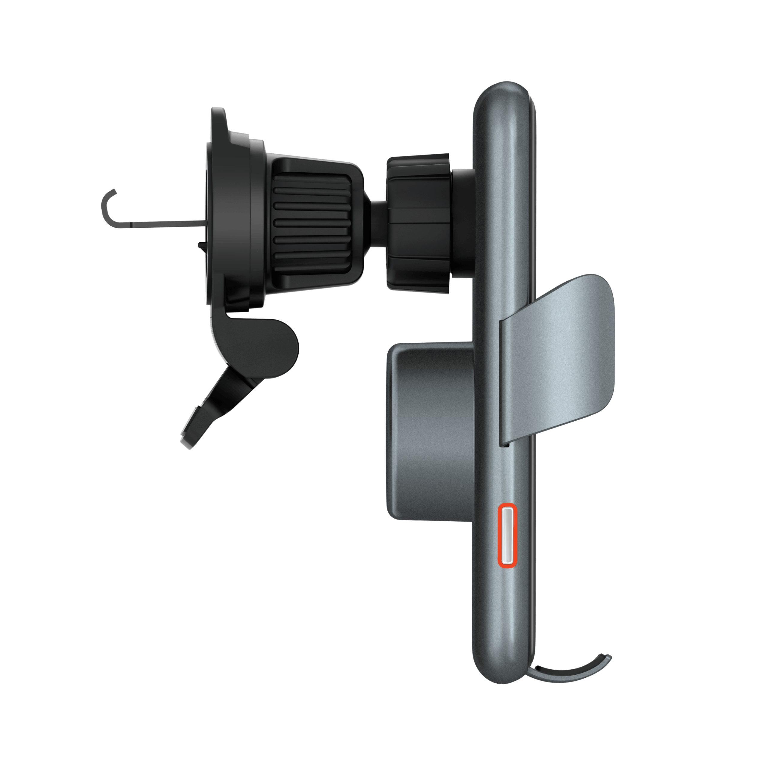 Vista lateral del MagCharger inteligente con brazos ajustables y diseño minimalista compatible con carga inalámbrica