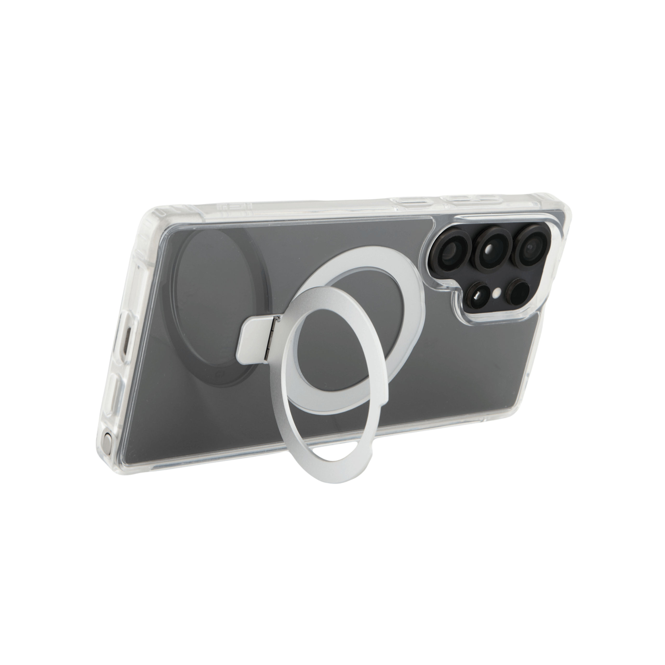 Funda Samsung transparente con aro magnético y soporte desplegado, vista trasera con cámara visible. #color_transparente