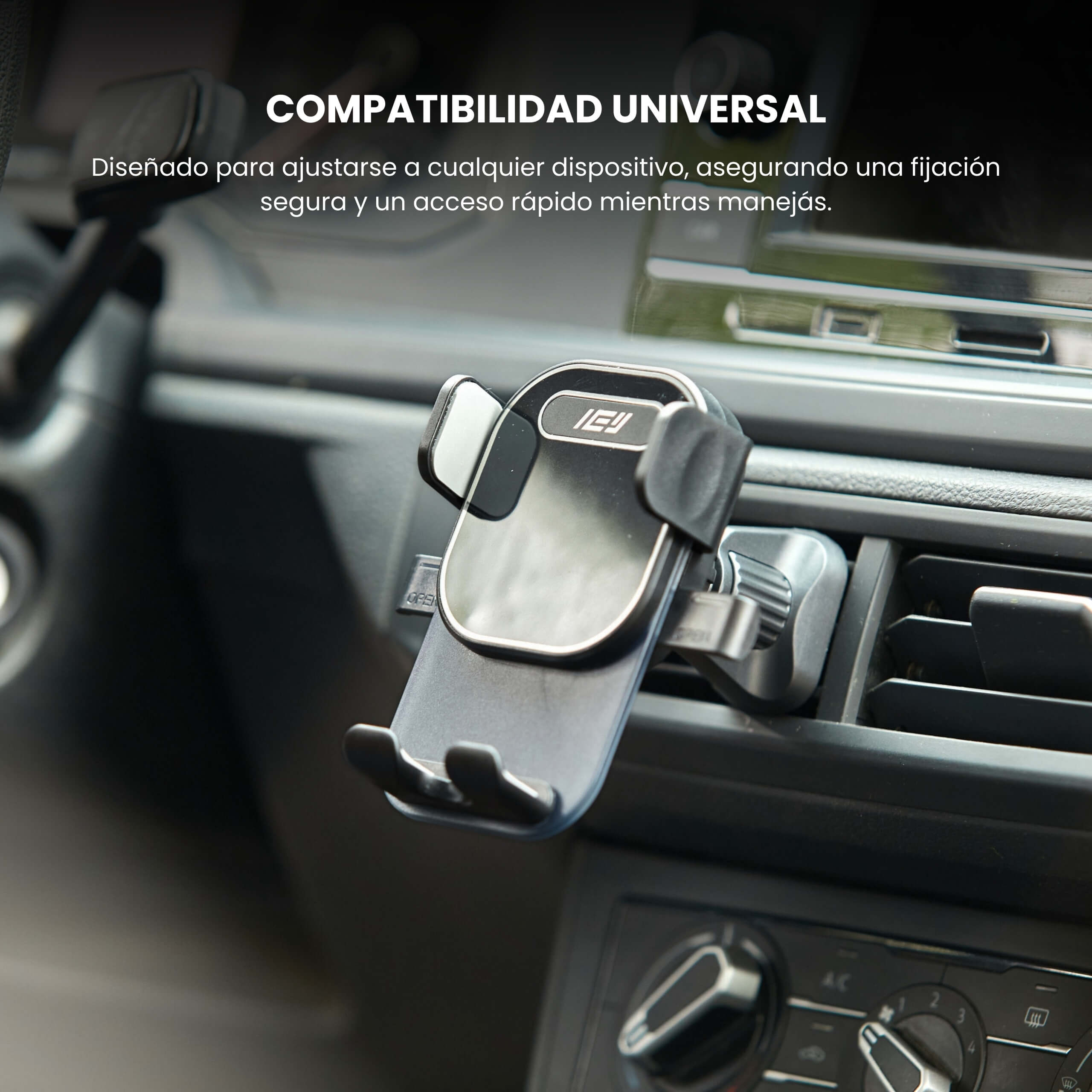 Soporte ajustado en la salida de aire del auto sujetando un teléfono de forma firme y estable