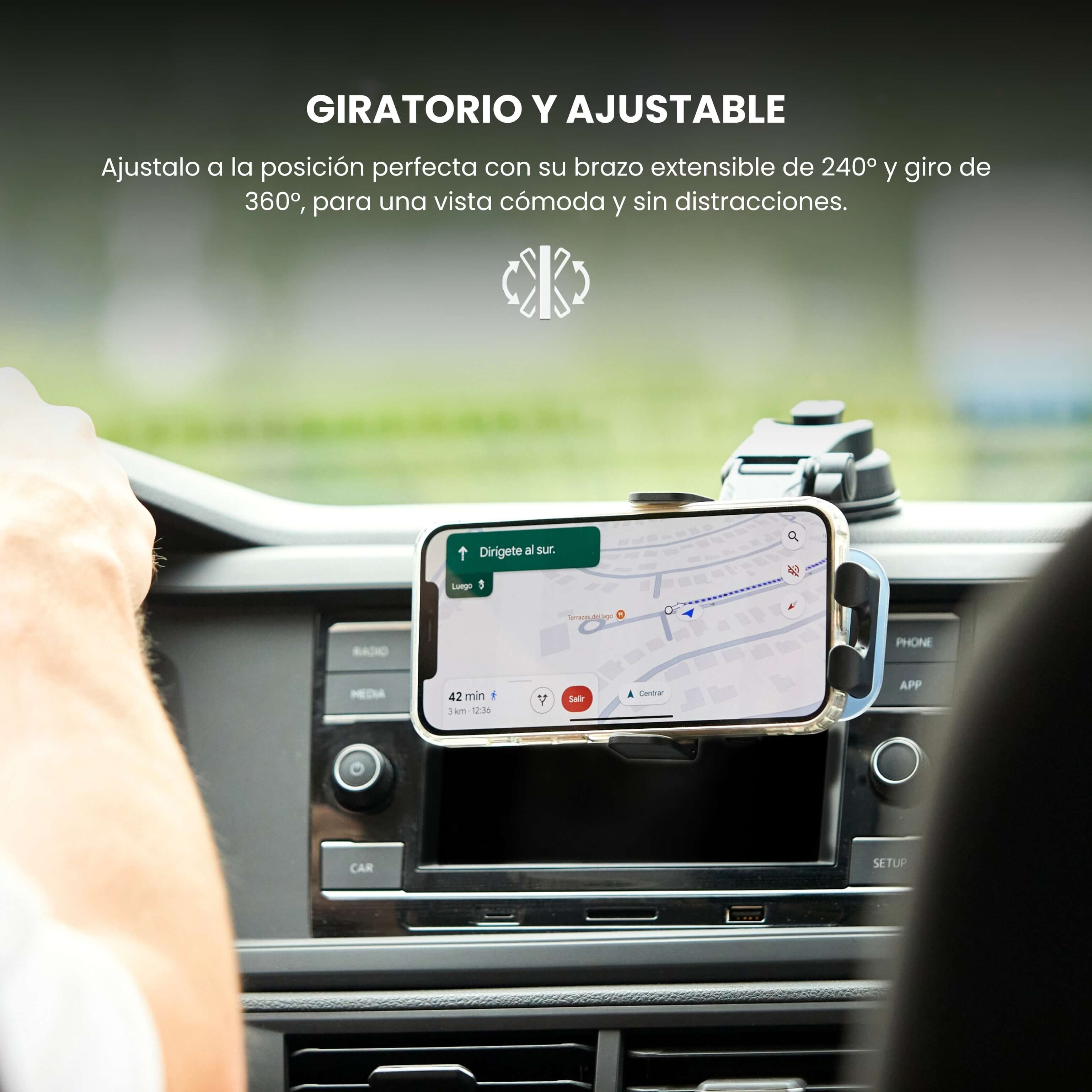 Teléfono en orientación horizontal sujetado por el soporte MagMount con brazo extensible ajustable