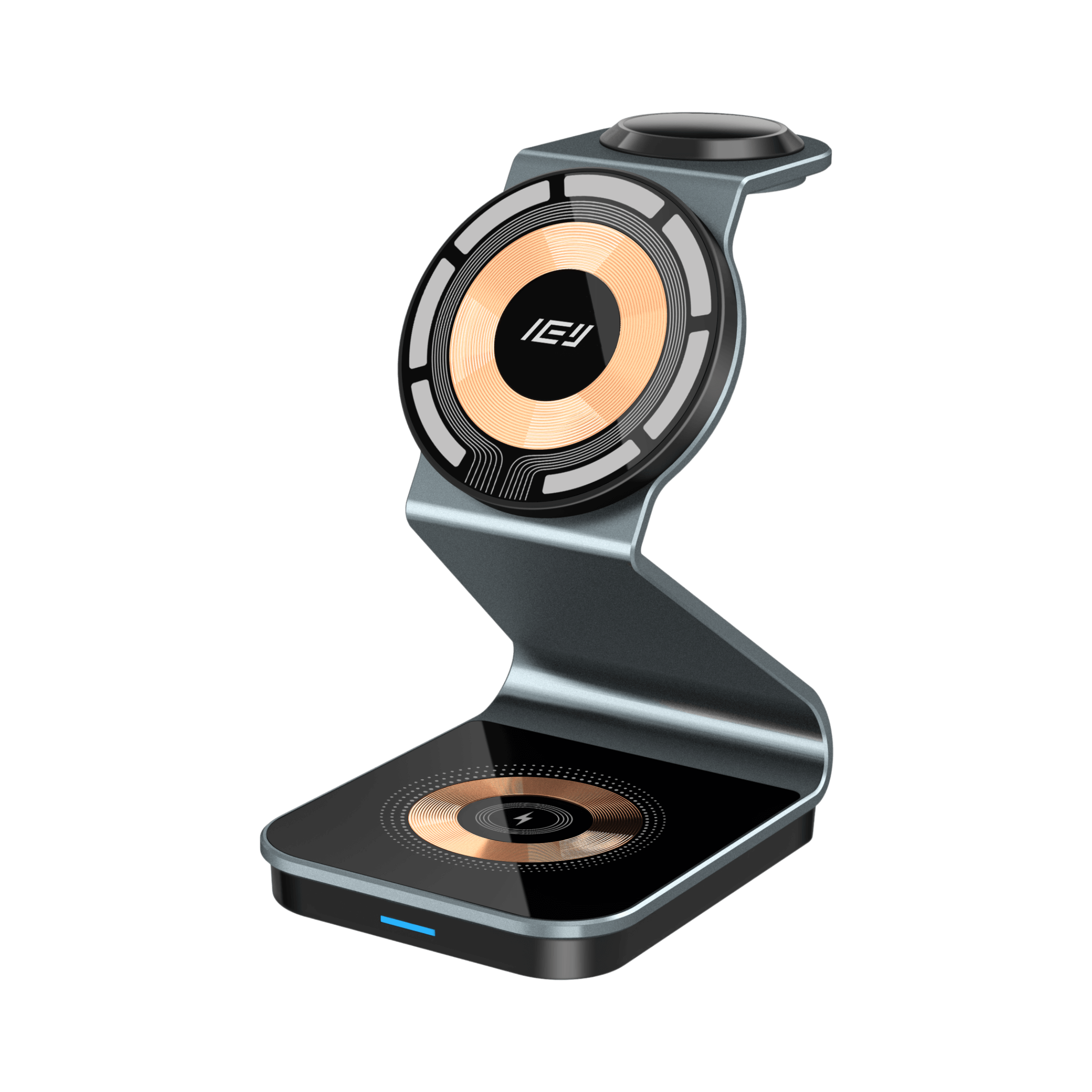 Vista lateral del cargador MagCharger con diseño compacto y soporte magnético #color_gris azulado