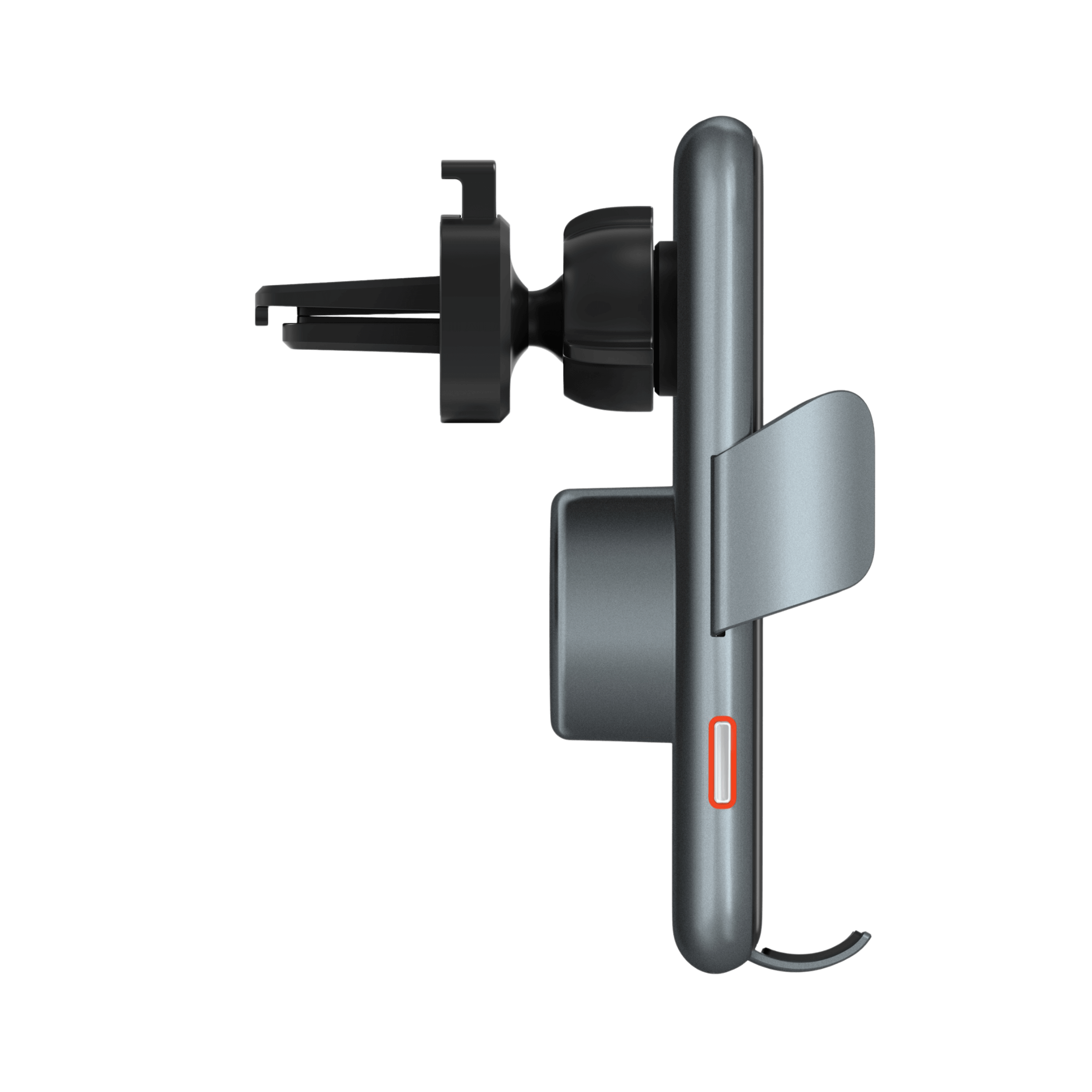 Vista lateral del MagCharger inteligente con brazos ajustables y diseño minimalista compatible con carga inalámbrica