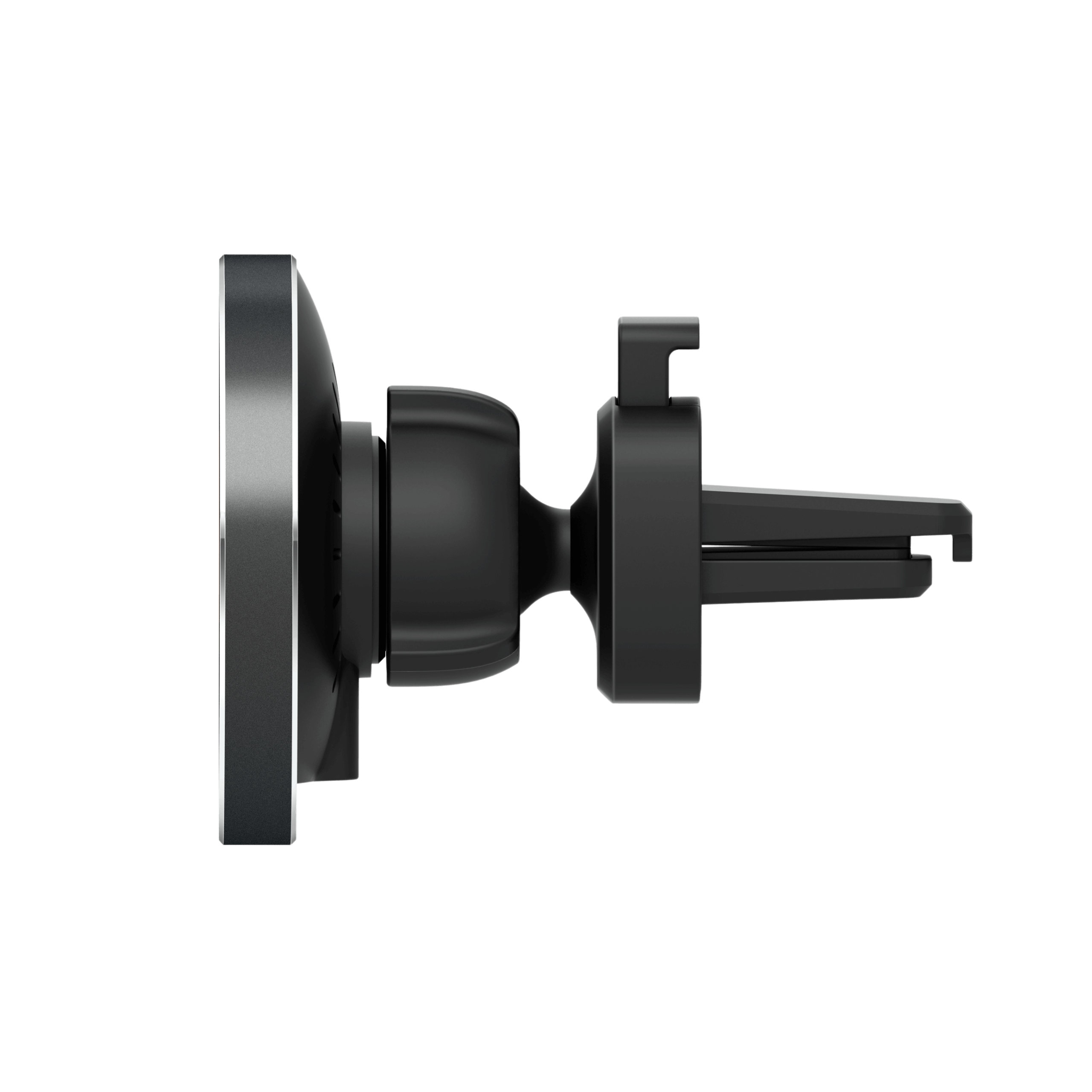 Cargador inalámbrico de auto MagCharger con soporte magnético y iPhone cargando mediante tecnología MagSafe.
