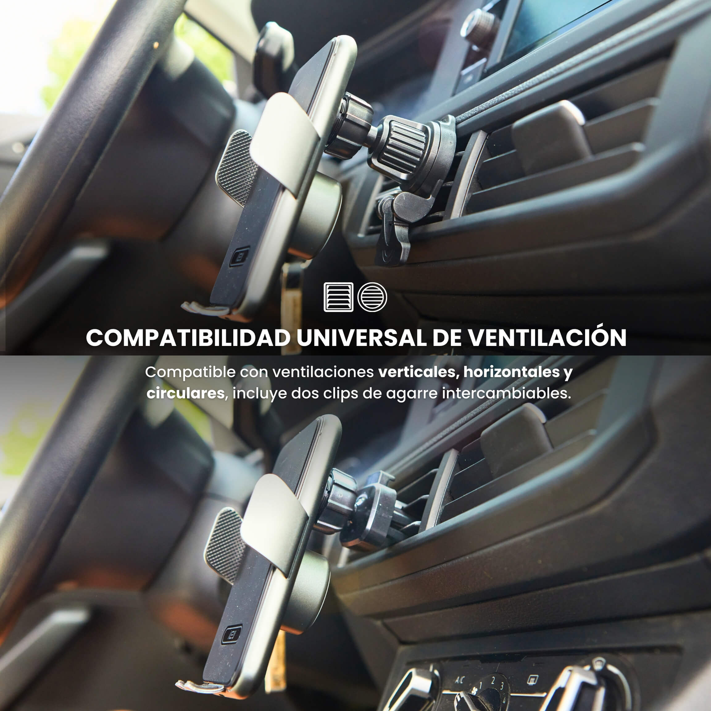 Brazo de ventilación con MagCharger inteligente instalado, asegurando estabilidad incluso en calles con baches