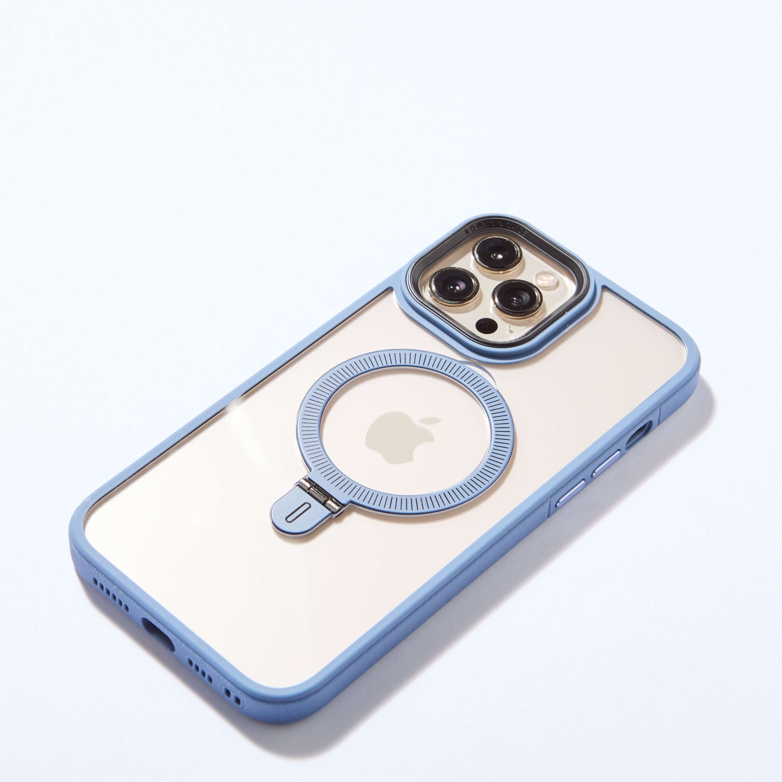 Funda MagSafe azul con anillo plegado, mostrada en posición frontal sobre fondo blanco. #color_azul