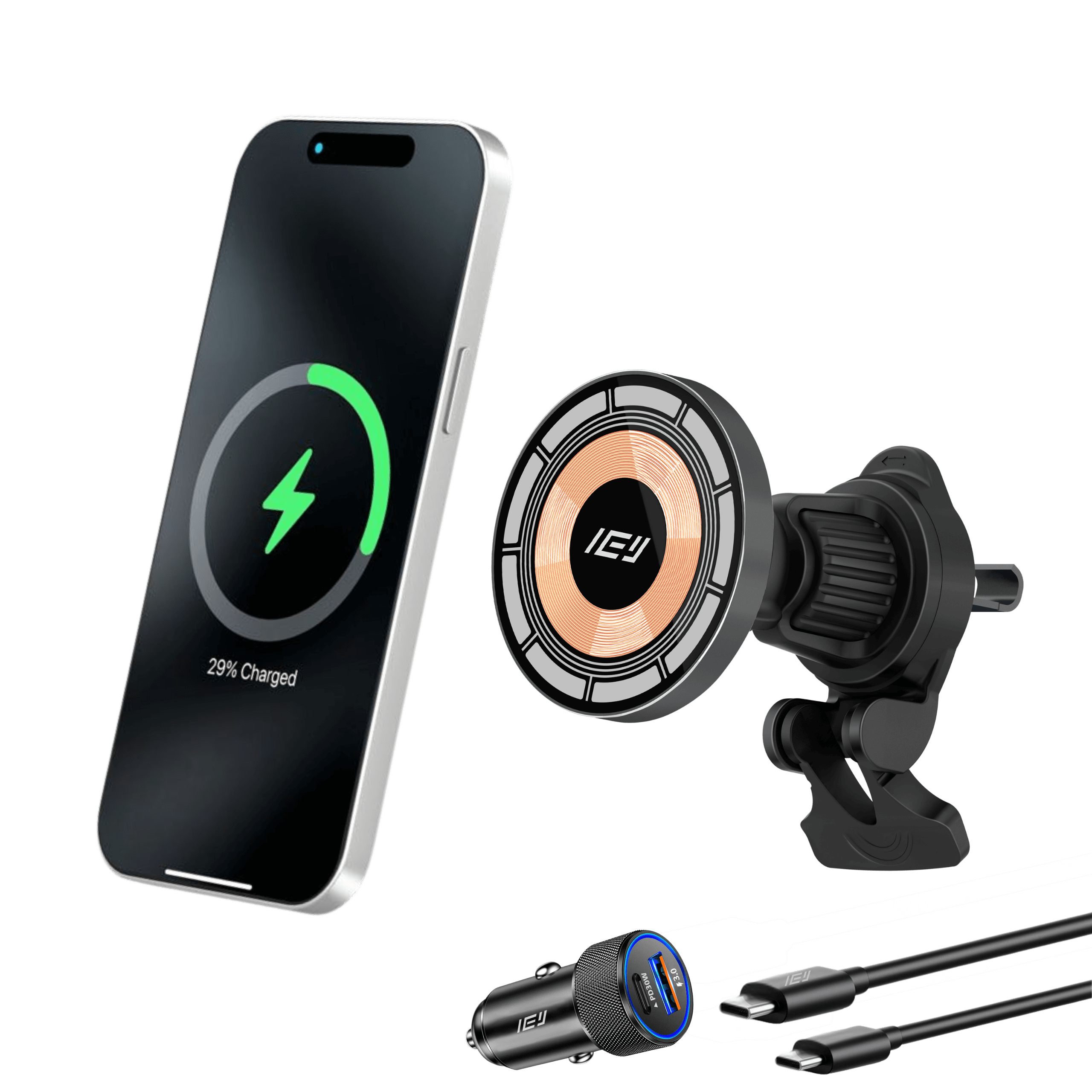 Cargador inalámbrico de auto MagCharger con soporte magnético compatible con MagSafe y iPhone en carga rápida con cargador de carga rapida
#color_plateado