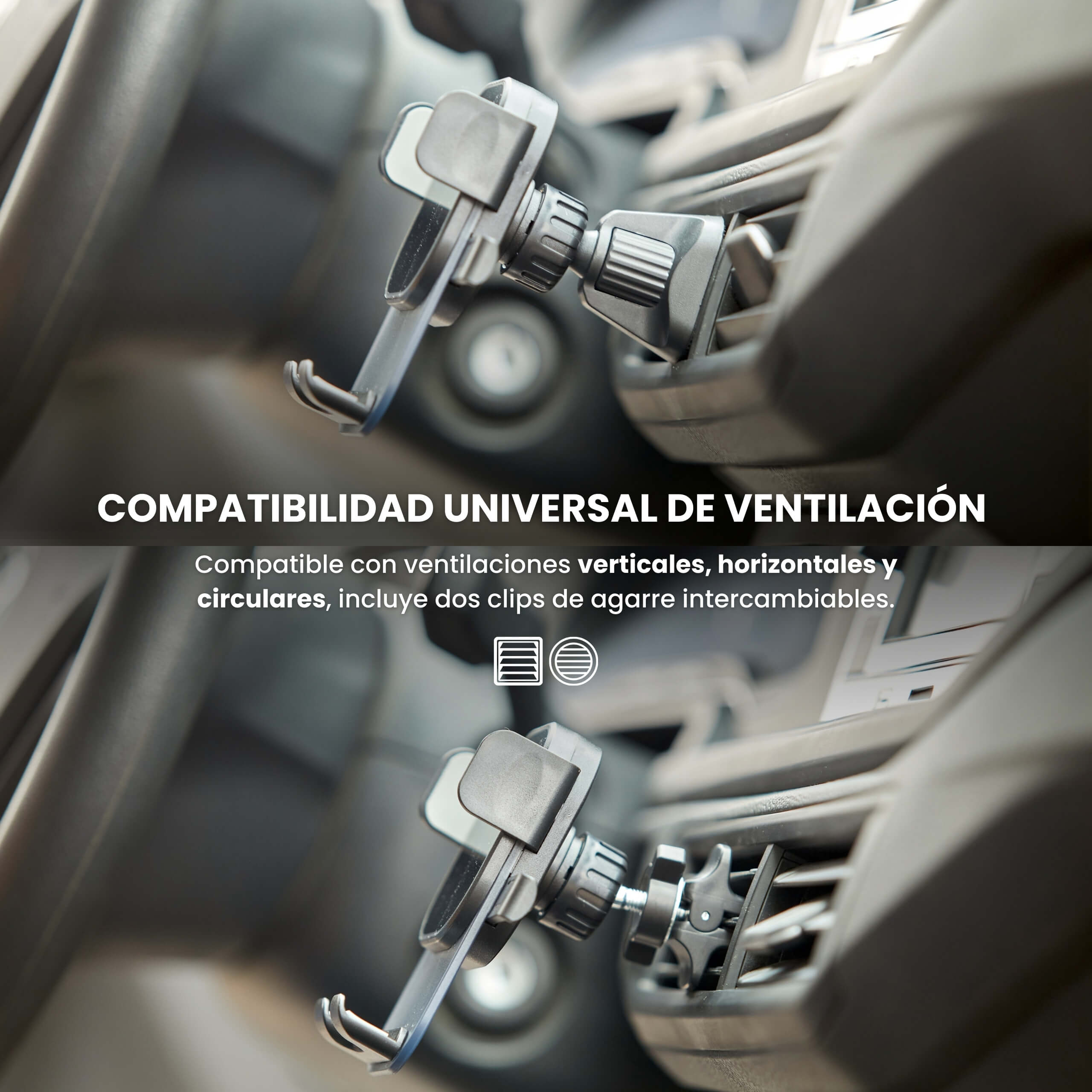 Uso del soporte MagMount mostrando compatibilidad con diferentes rejillas de ventilación de vehículos