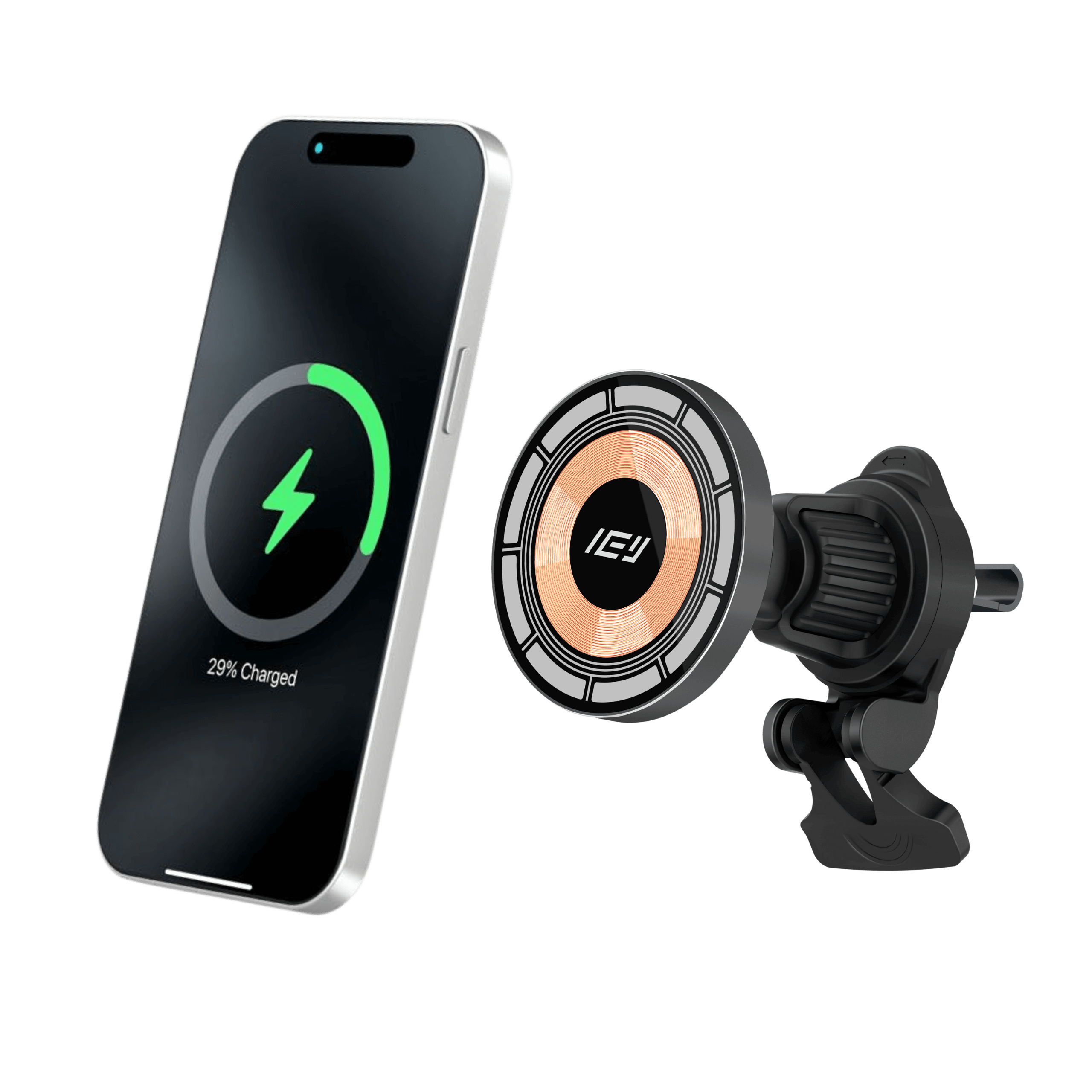 Cargador inalámbrico de auto MagCharger con soporte magnético y iPhone cargando mediante tecnología MagSafe #color_plateado