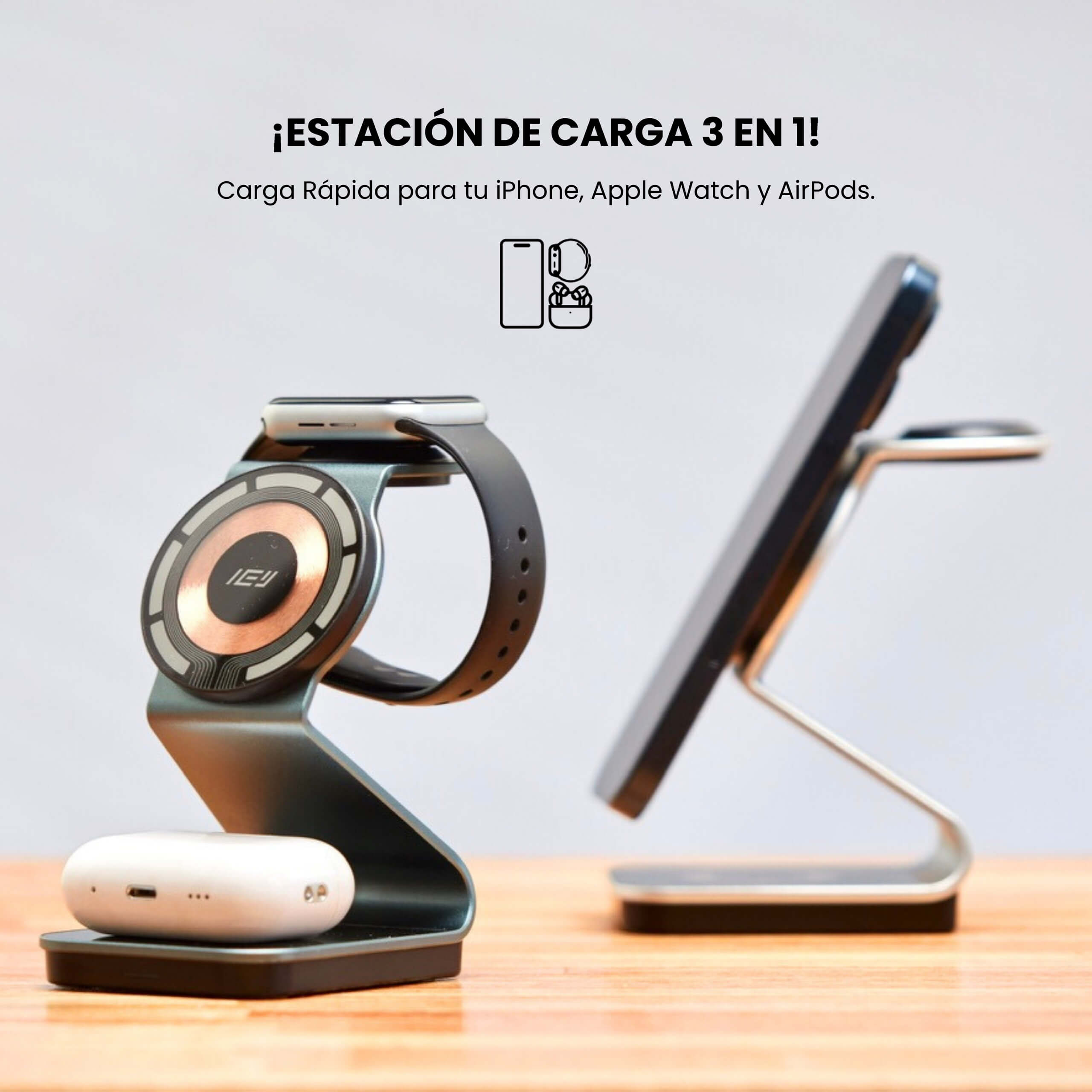 Cargador MagCharger con iPhone en modo horizontal y Apple Watch sobre base magnética #color_gris azulado