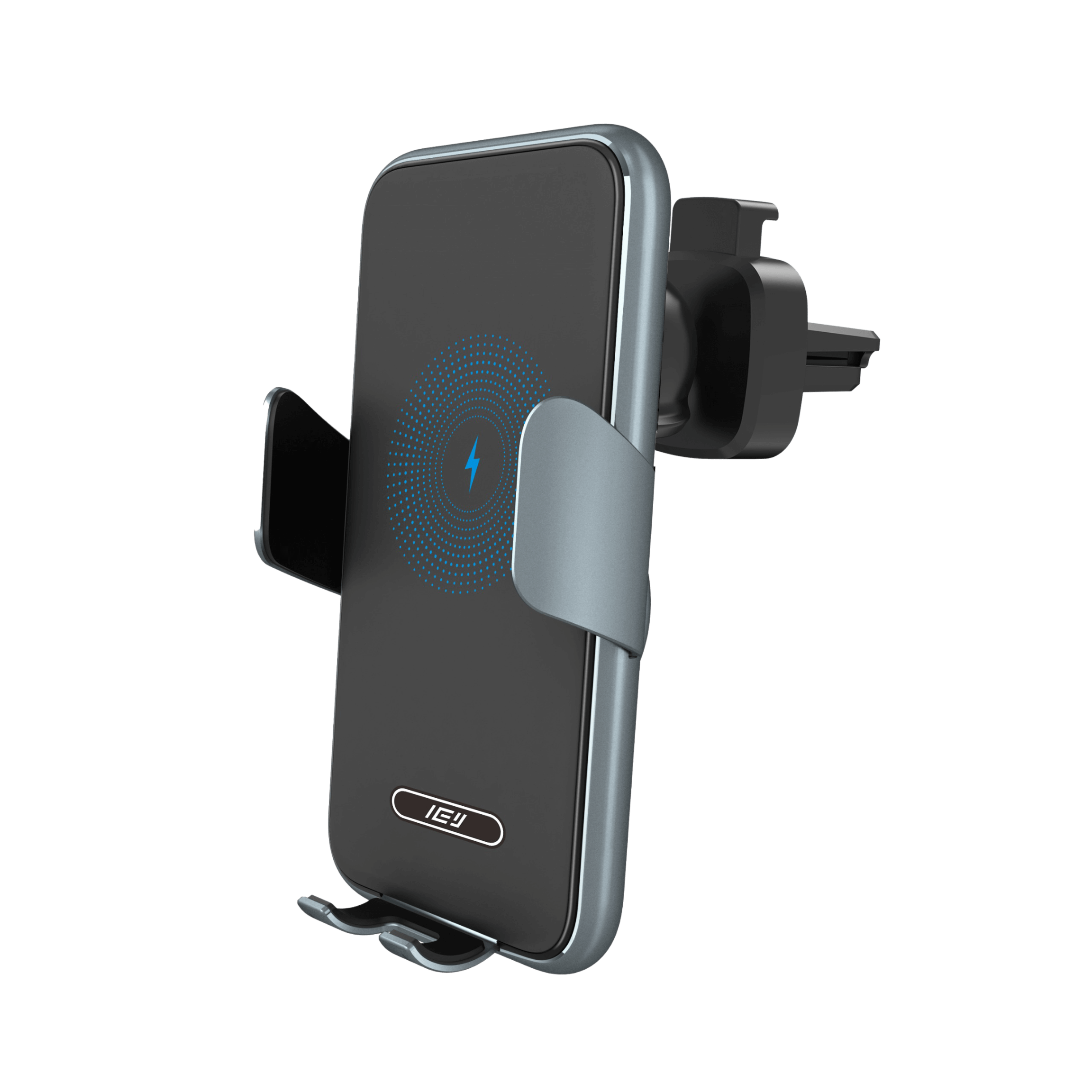 Vista lateral del MagCharger inteligente con brazos ajustables y diseño minimalista compatible con carga inalámbrica