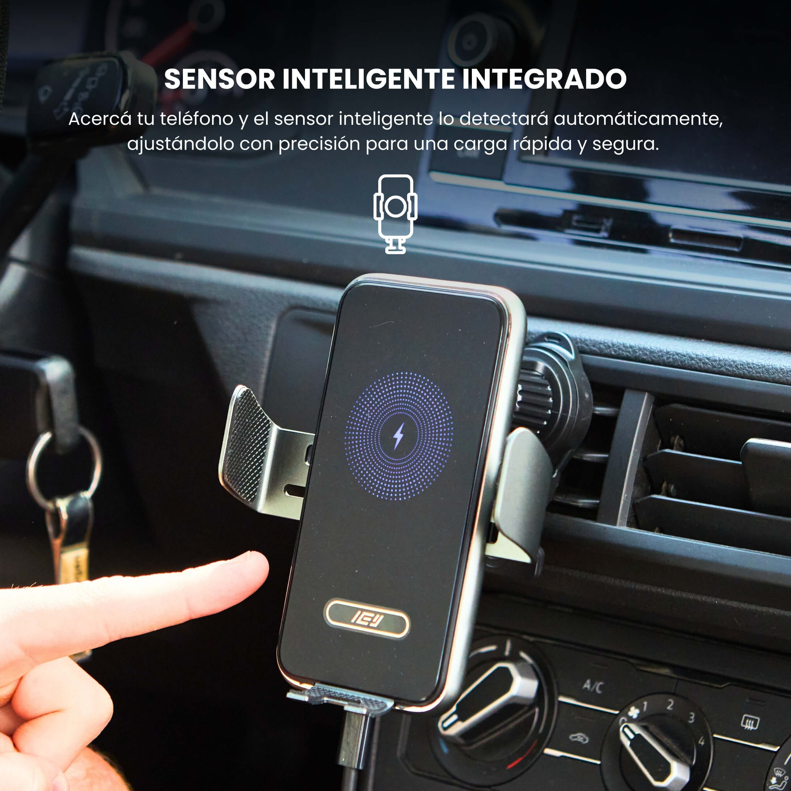 Vista lateral del cargador MagCharger inteligente con sistema de agarre automático para sujeción firme y segura