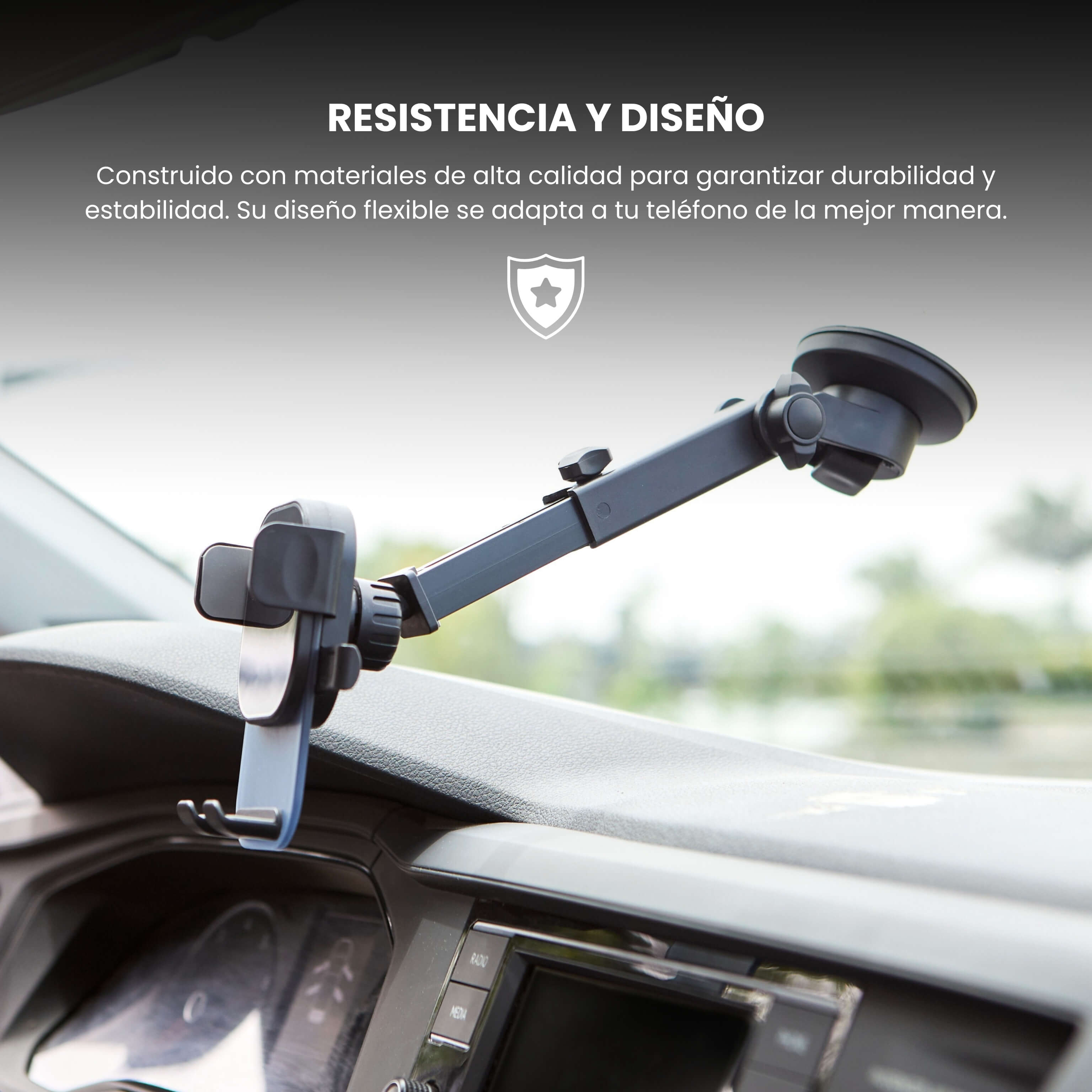 Brazo extensible del soporte MagMount instalado en parabrisas con materiales resistentes y diseño funcional