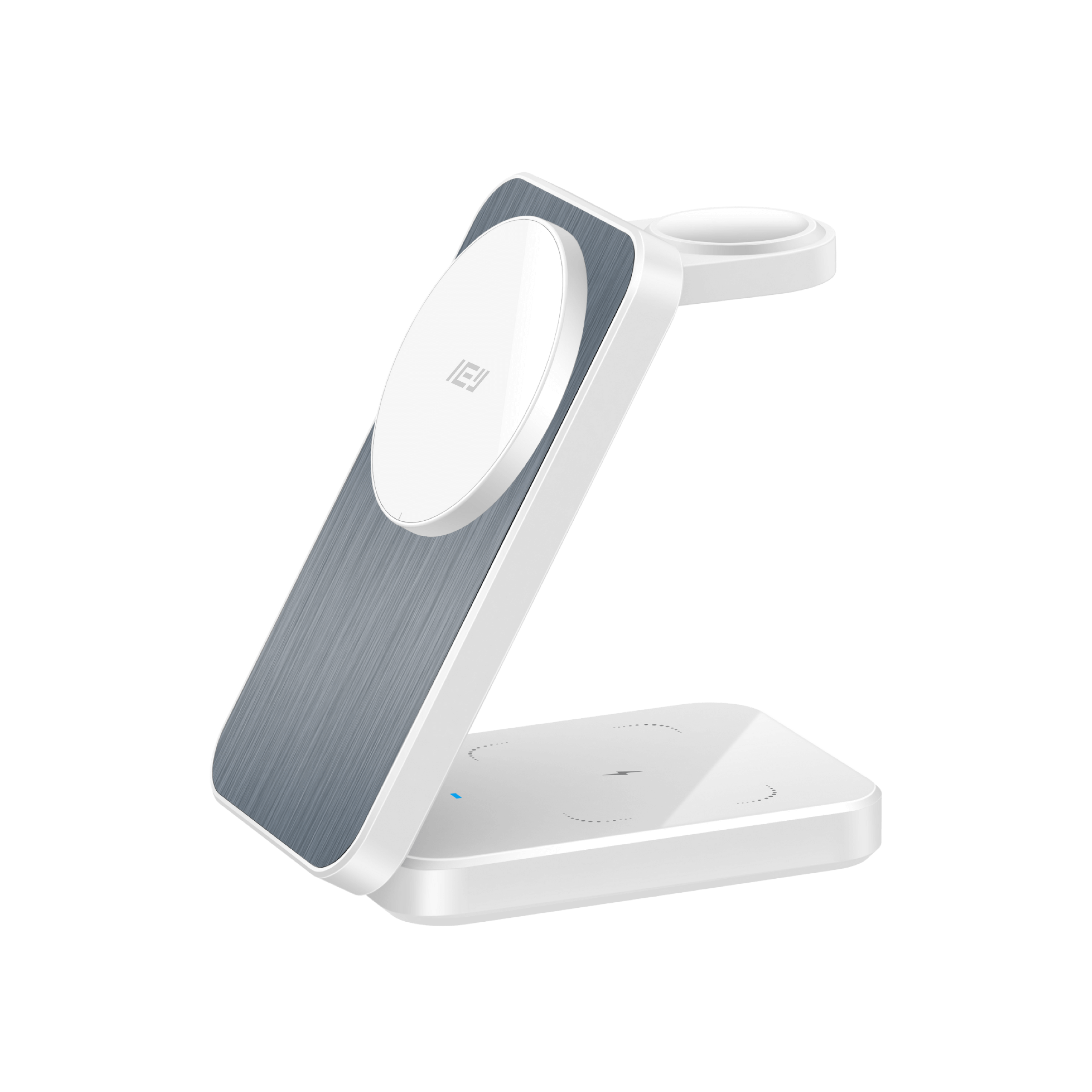 Vista lateral del cargador MagCharger 3 en 1 con diseño magnético y superficie antideslizante #color_blanco