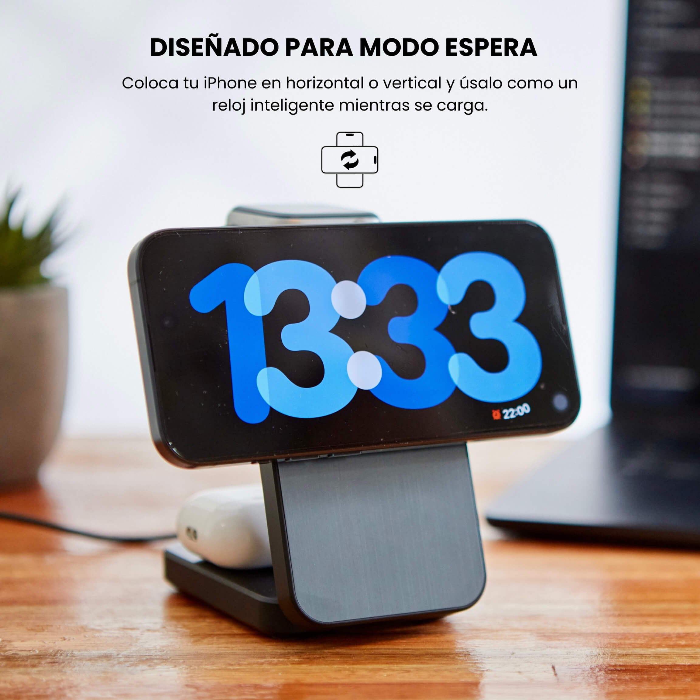 Cargador MagCharger en modo horizontal activando modo de espera con reloj digital #color_negro