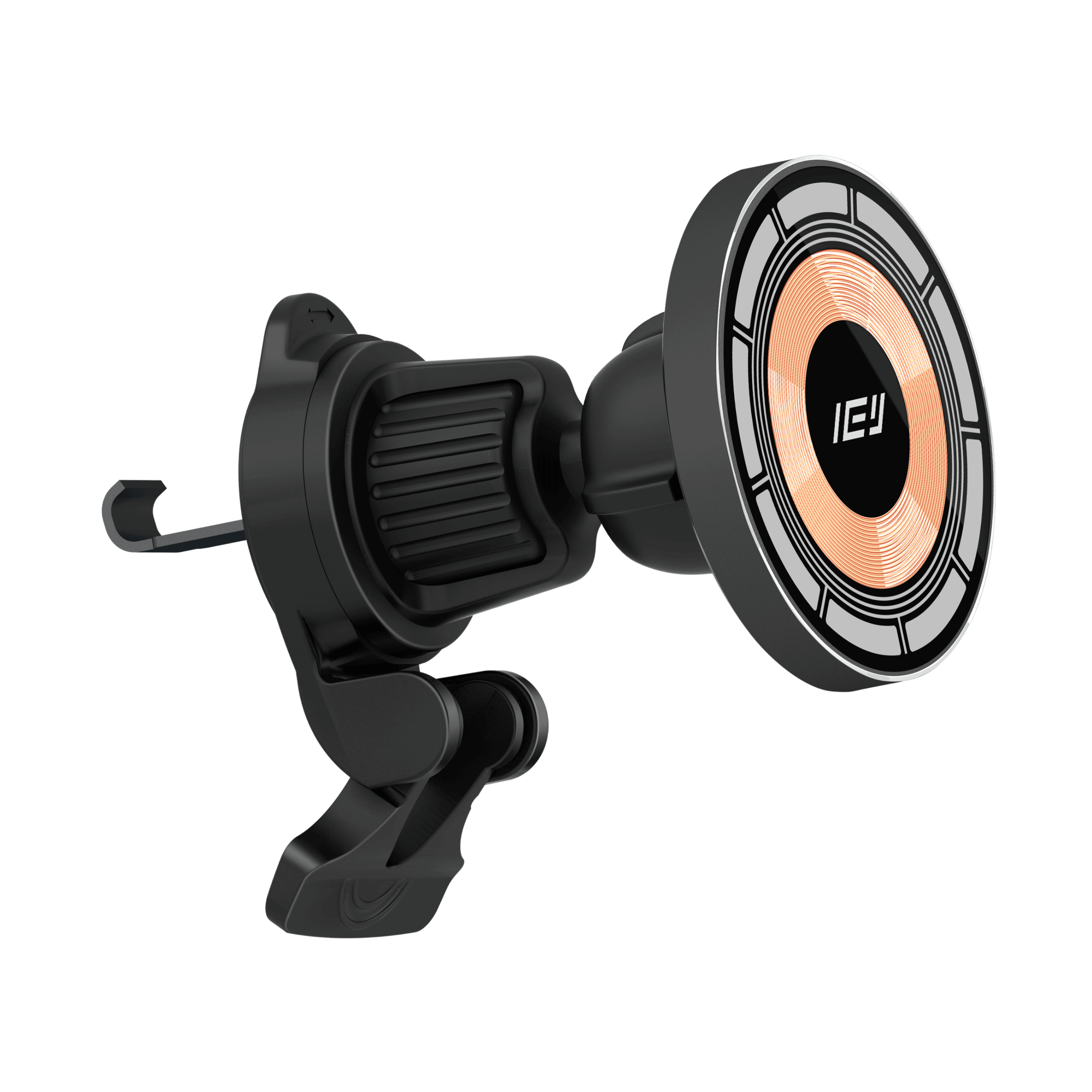 Cargador inalámbrico de auto MagCharger con soporte magnético y iPhone cargando mediante tecnología MagSafe #color_plateado