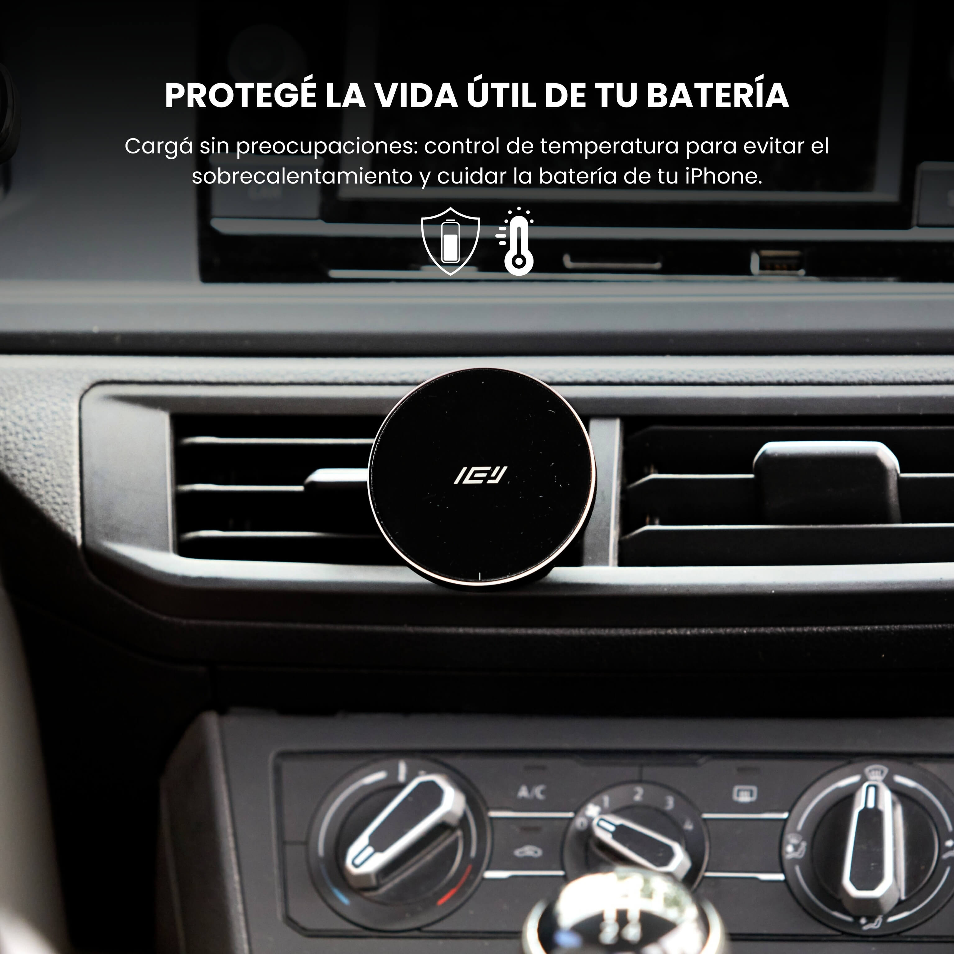 Cargador inalámbrico de auto MagCharger protegiendo la batería del iPhone durante la conducción #color_negro