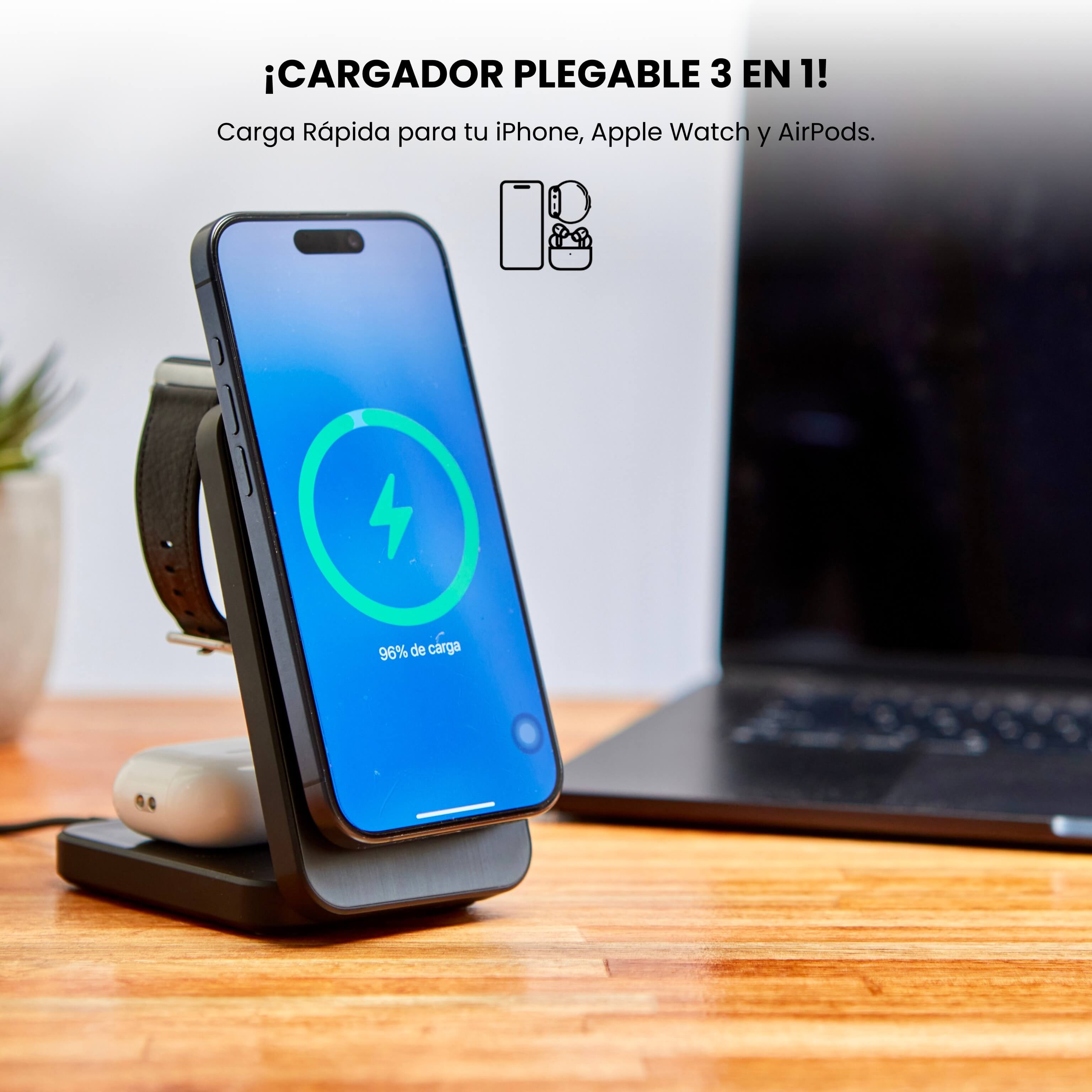 Cargador plegable 3 en 1 de IEY cargando simultáneamente iPhone, Apple Watch y AirPods. #color_negro