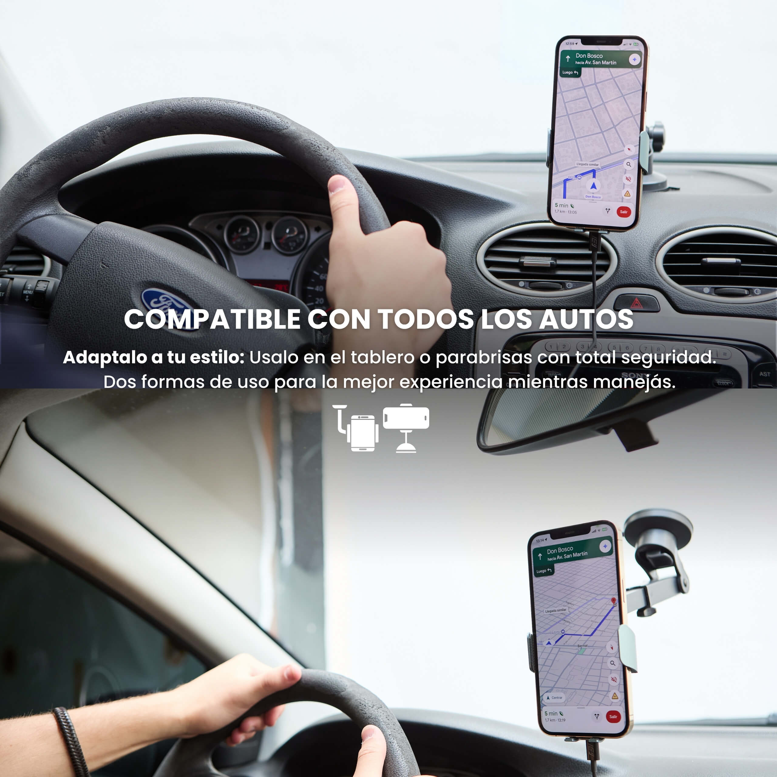 MagCharger Car con brazo extensible sosteniendo un iPhone mientras se utiliza el GPS.