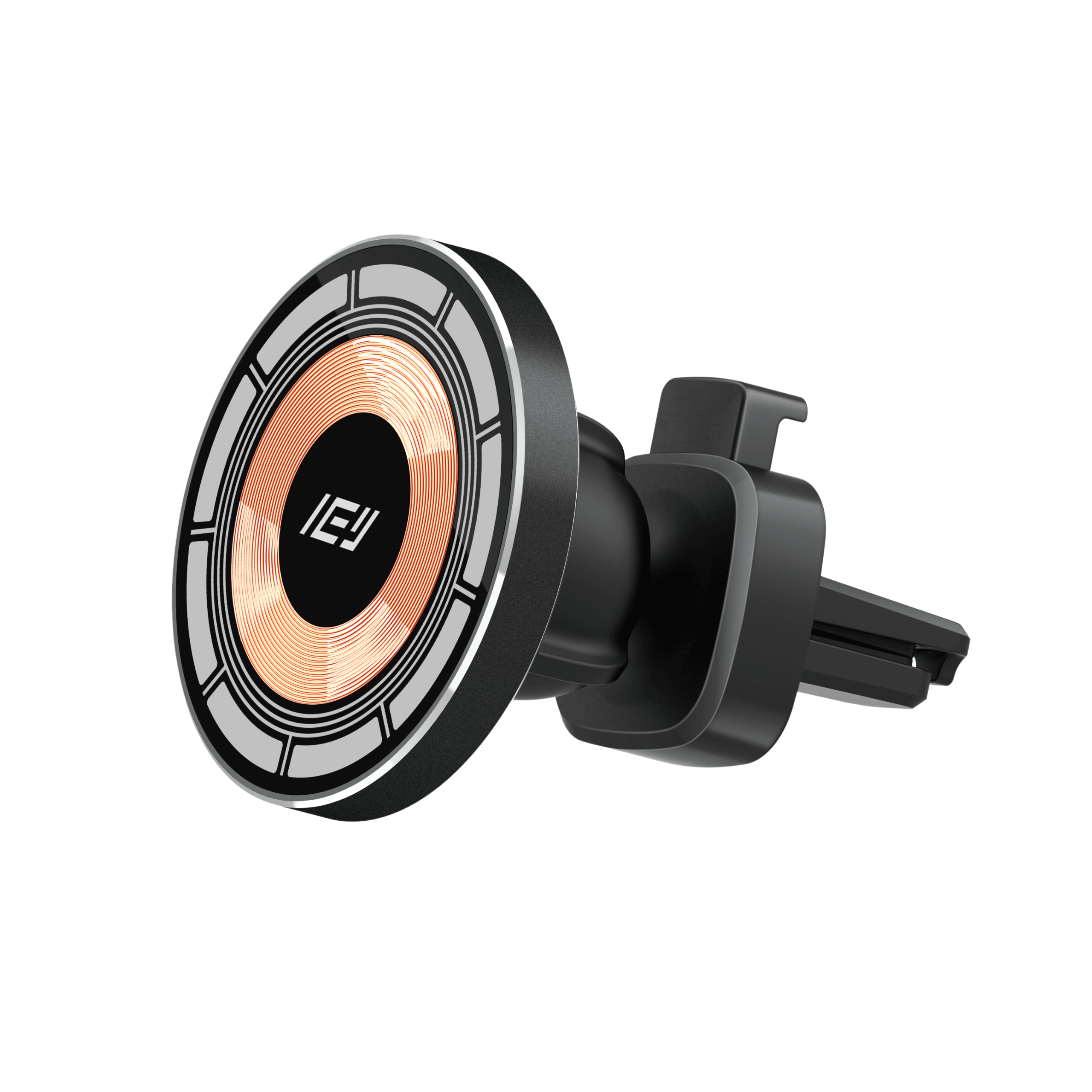Cargador inalámbrico de auto MagCharger con soporte magnético y iPhone cargando mediante tecnología MagSafe #color_plateado