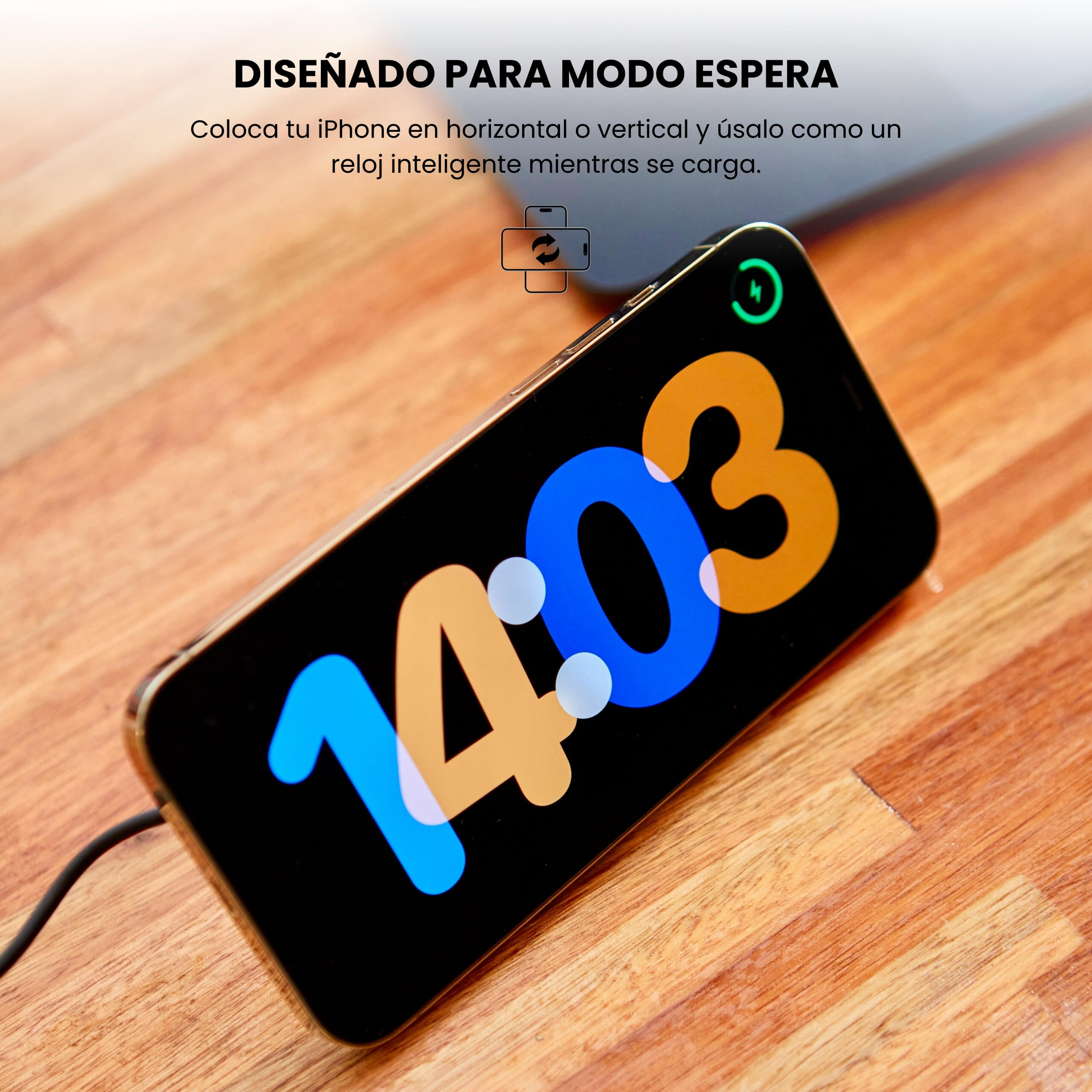 Modo de espera activado en iPhone sobre cargador MagCharger, ideal para notificaciones y reloj