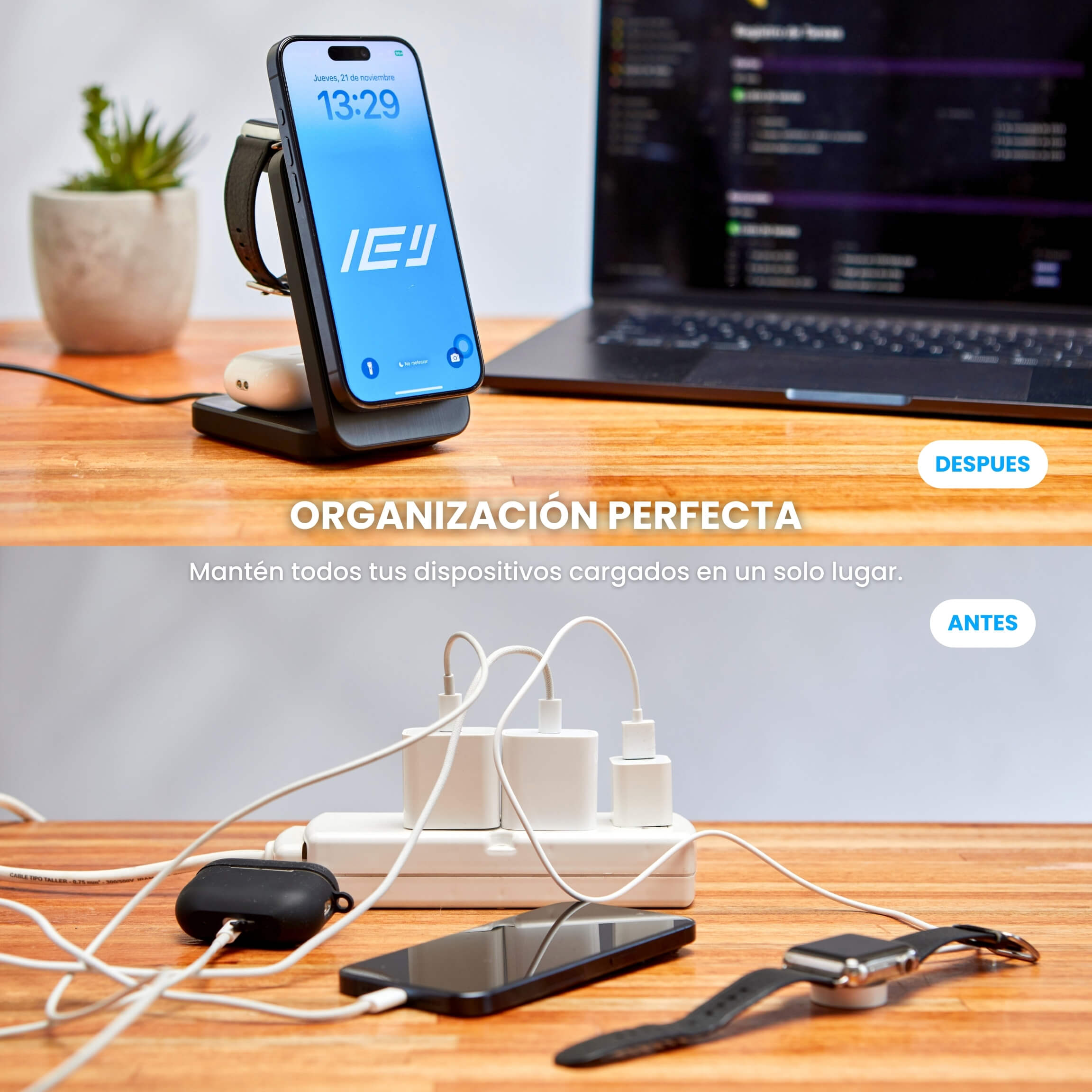 MagCharger sobre escritorio junto a laptop y accesorios, ideal para mantener el orden y cargar sin cables #color_negro
