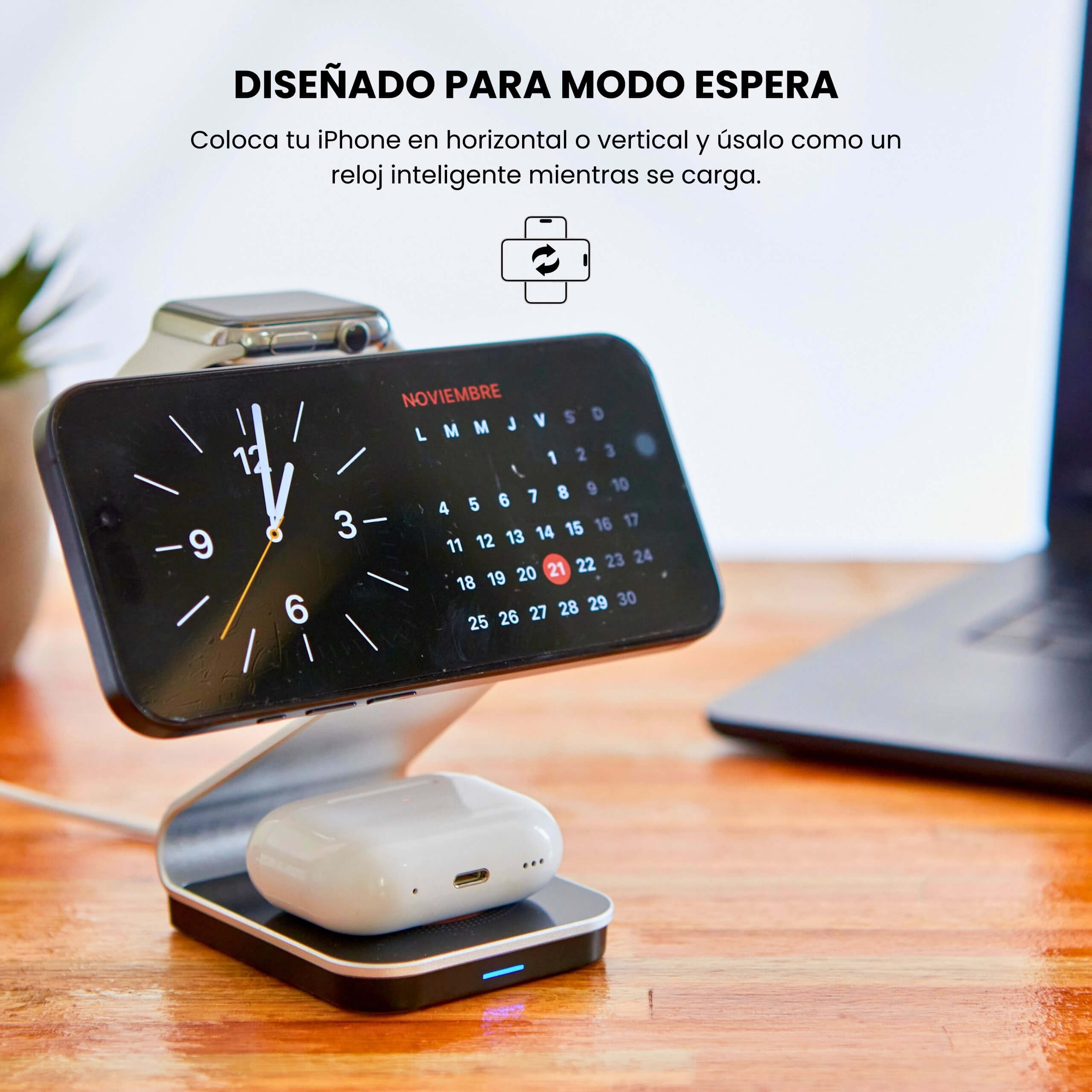 Base de carga MagCharger cargando Apple Watch, iPhone y AirPods en simultáneo #color_gris plateado