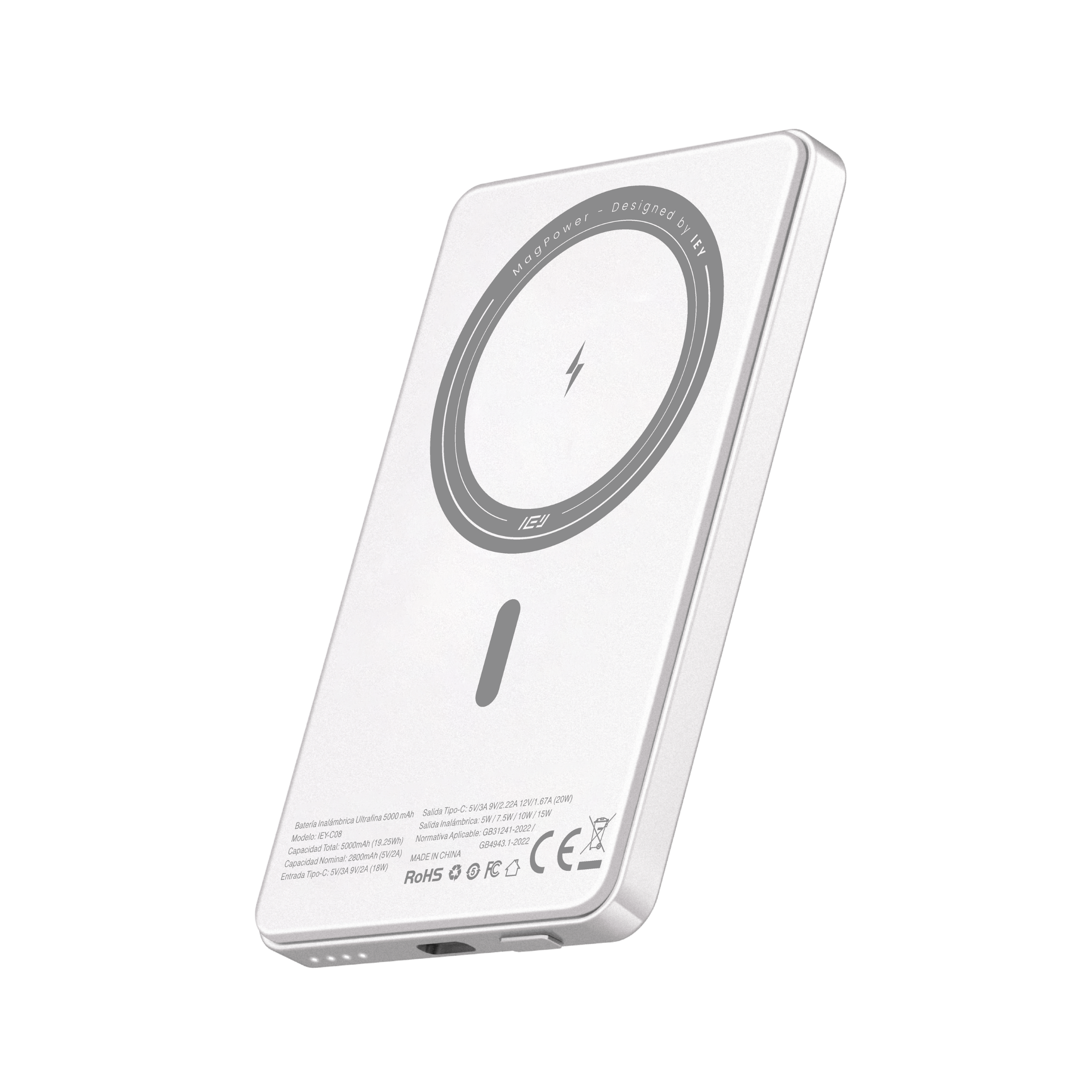 Power Bank de 5000 mAh de la marca IEY, carga rápida 15w con tecnología MagSafe #color_gris plateado