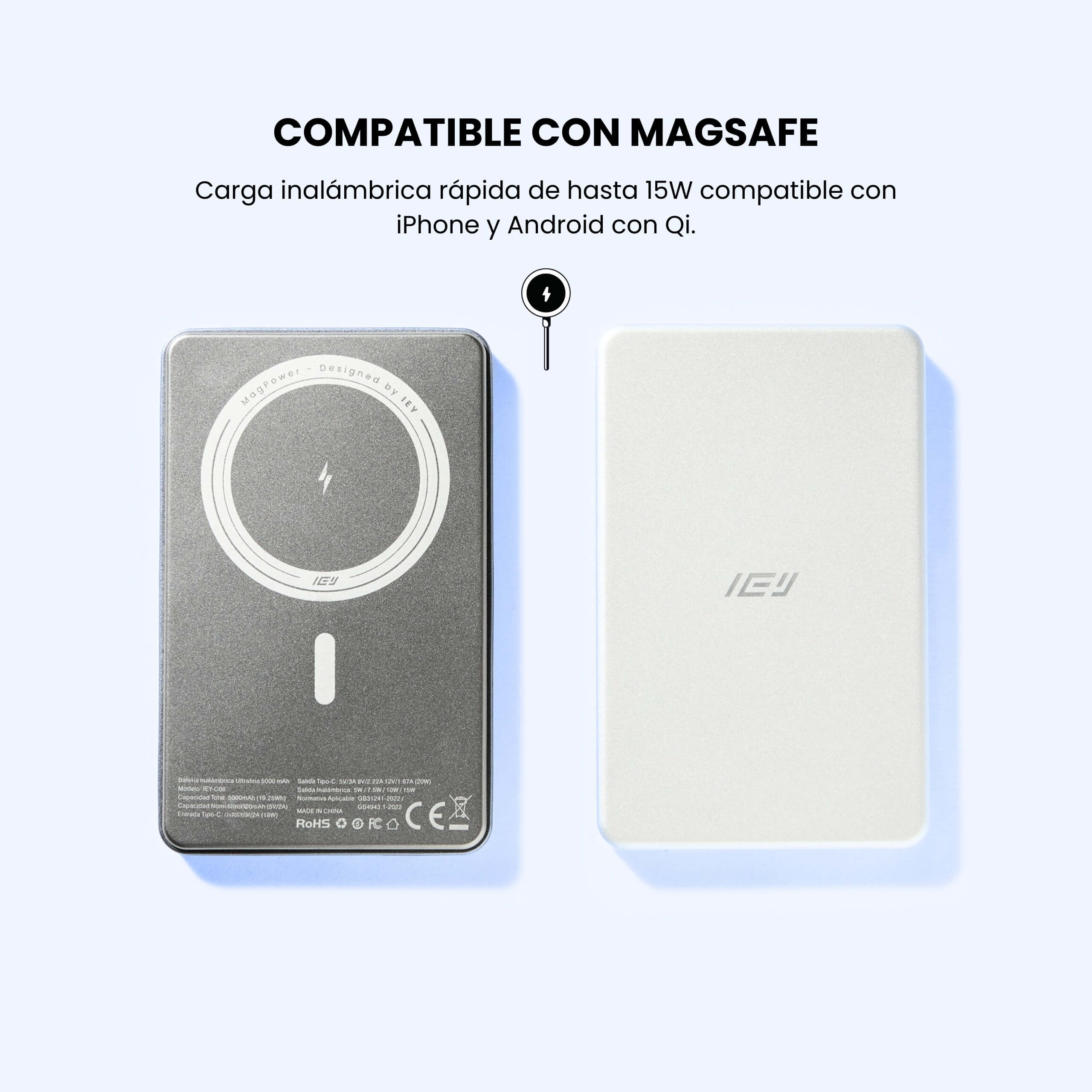 Batería inalámbrica MagPower 5000mAh compatible con MagSafe y carga Qi para iPhone y Android