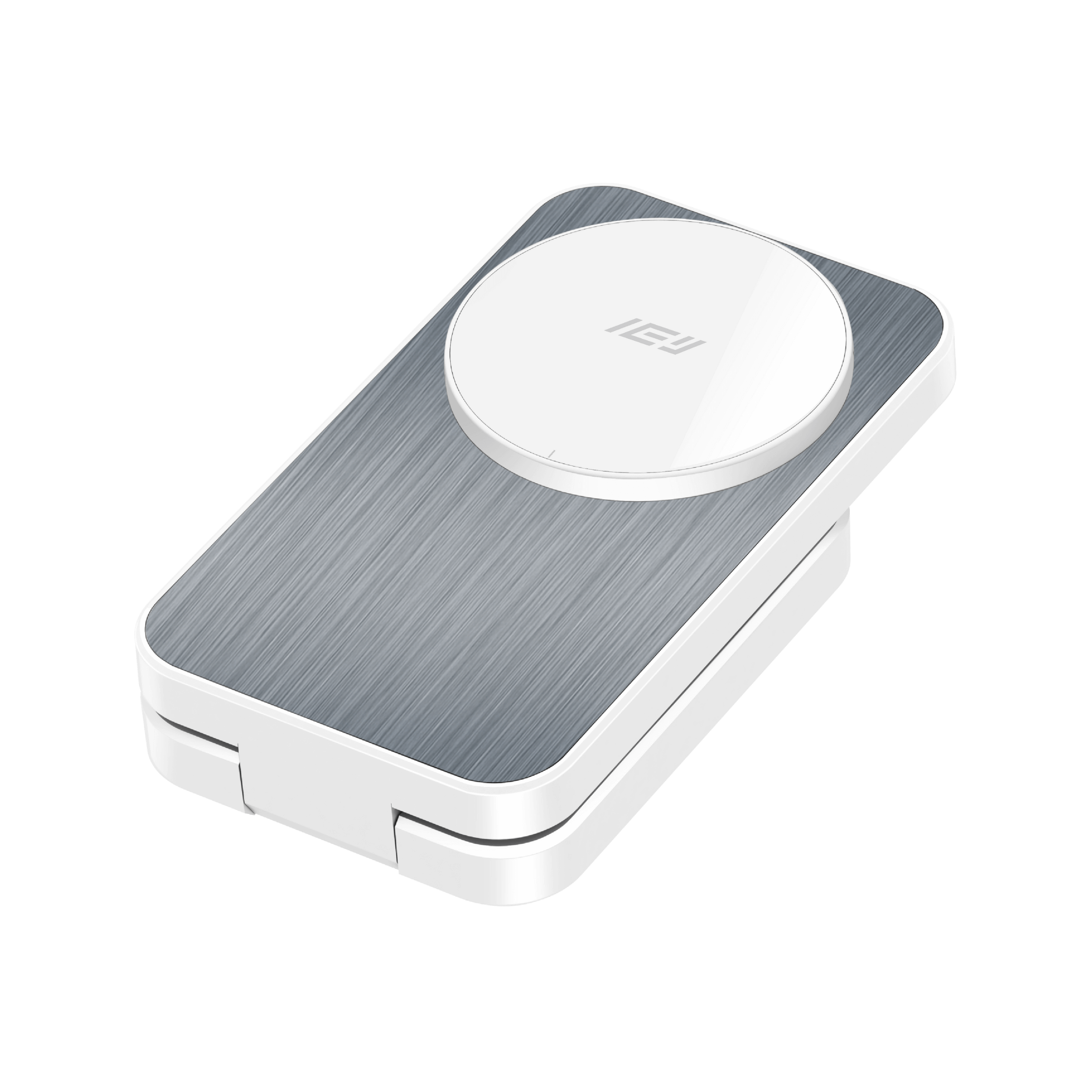 Cargador plegable MagCharger en su forma compacta para fácil transporte en bolsos o mochilas #color_blanco