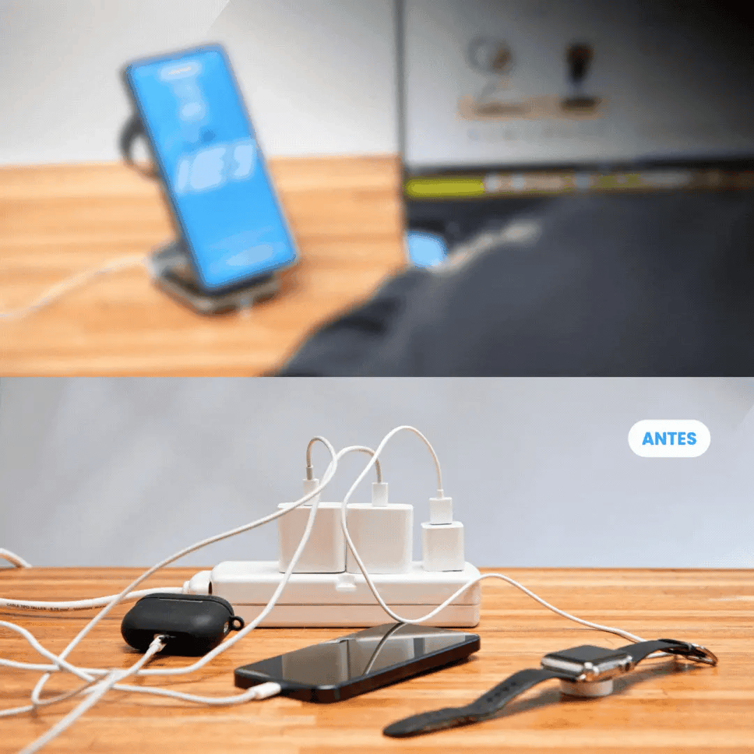 antes y depsues de la estacion de carga 3 en 1 para Samsung, Galaxy Watch y Buds