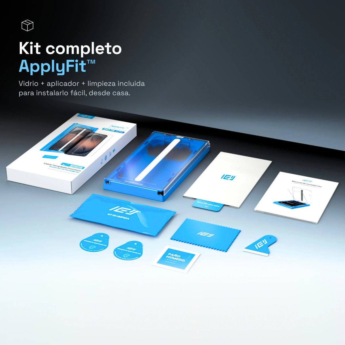 Kit completo ApplyFit™ de IEY® con vidrio templado premium, aplicador de instalación, paño de microfibra, accesorios de limpieza y manual.