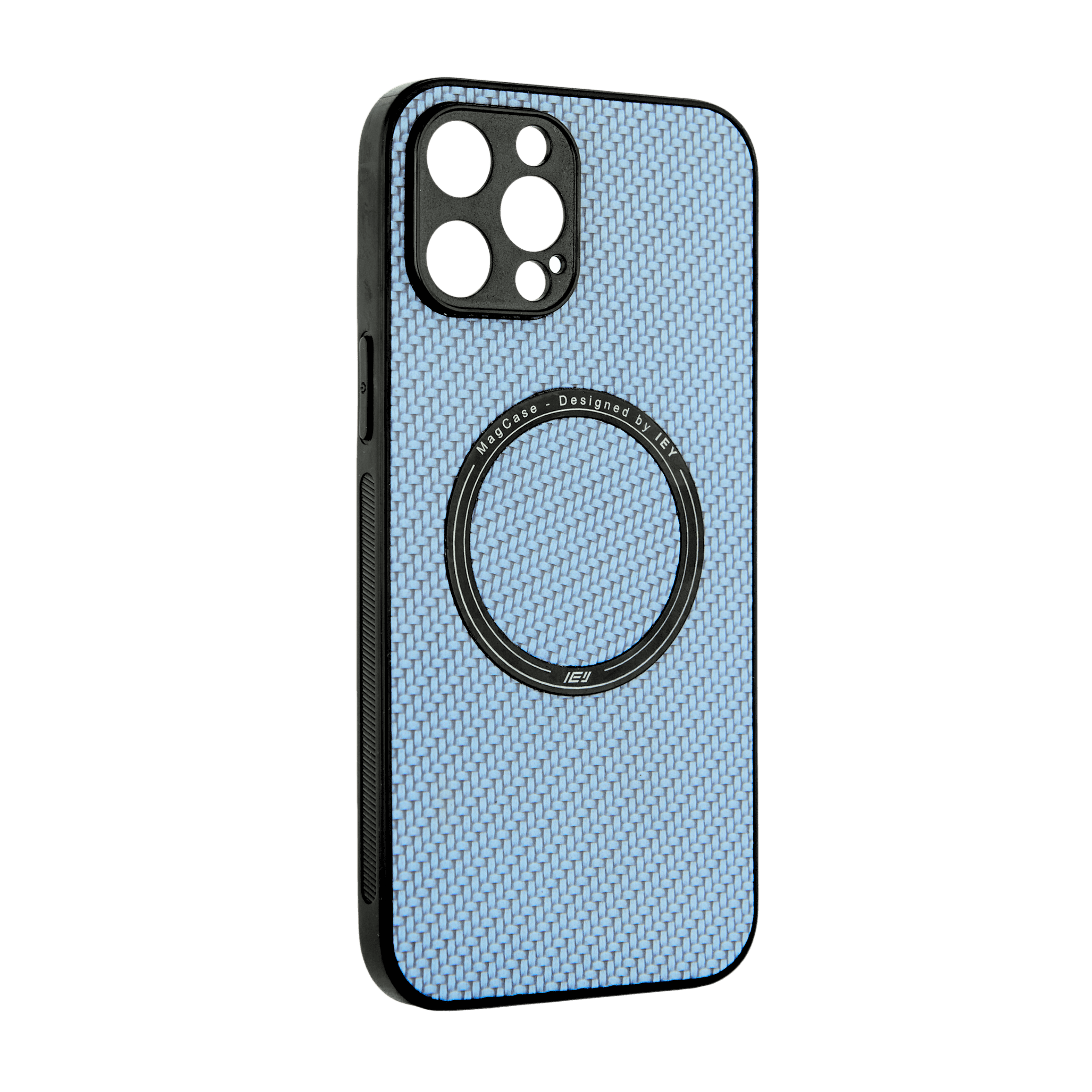 Funda MagSafe texturizada en vista frontal, diseño azul con acabado fibra de carbono y aro imantado grabado con logo IEY #color_azul