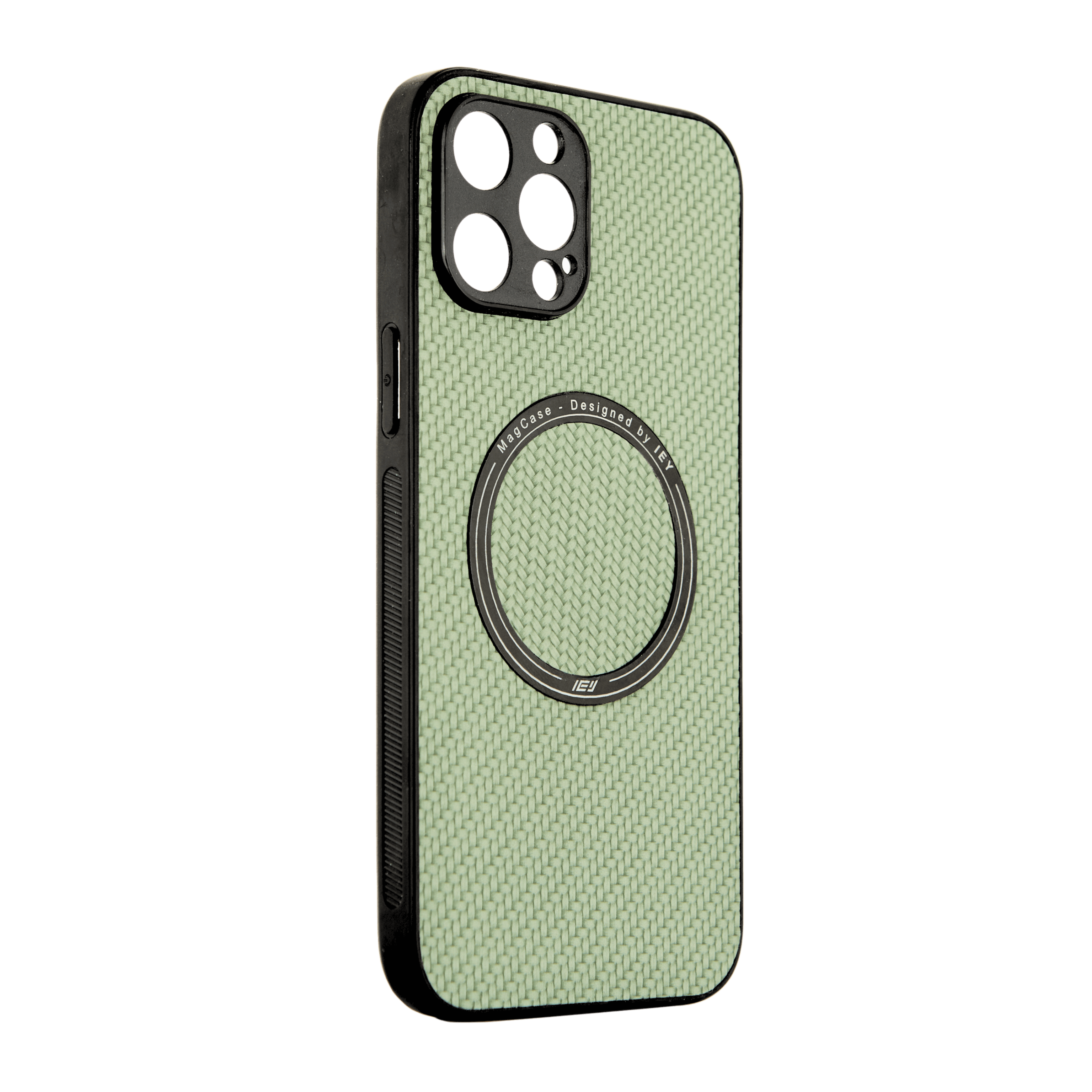 Funda MagSafe texturizada en vista frontal, diseño verde con acabado fibra de carbono y aro imantado grabado con logo IEY #color_verde