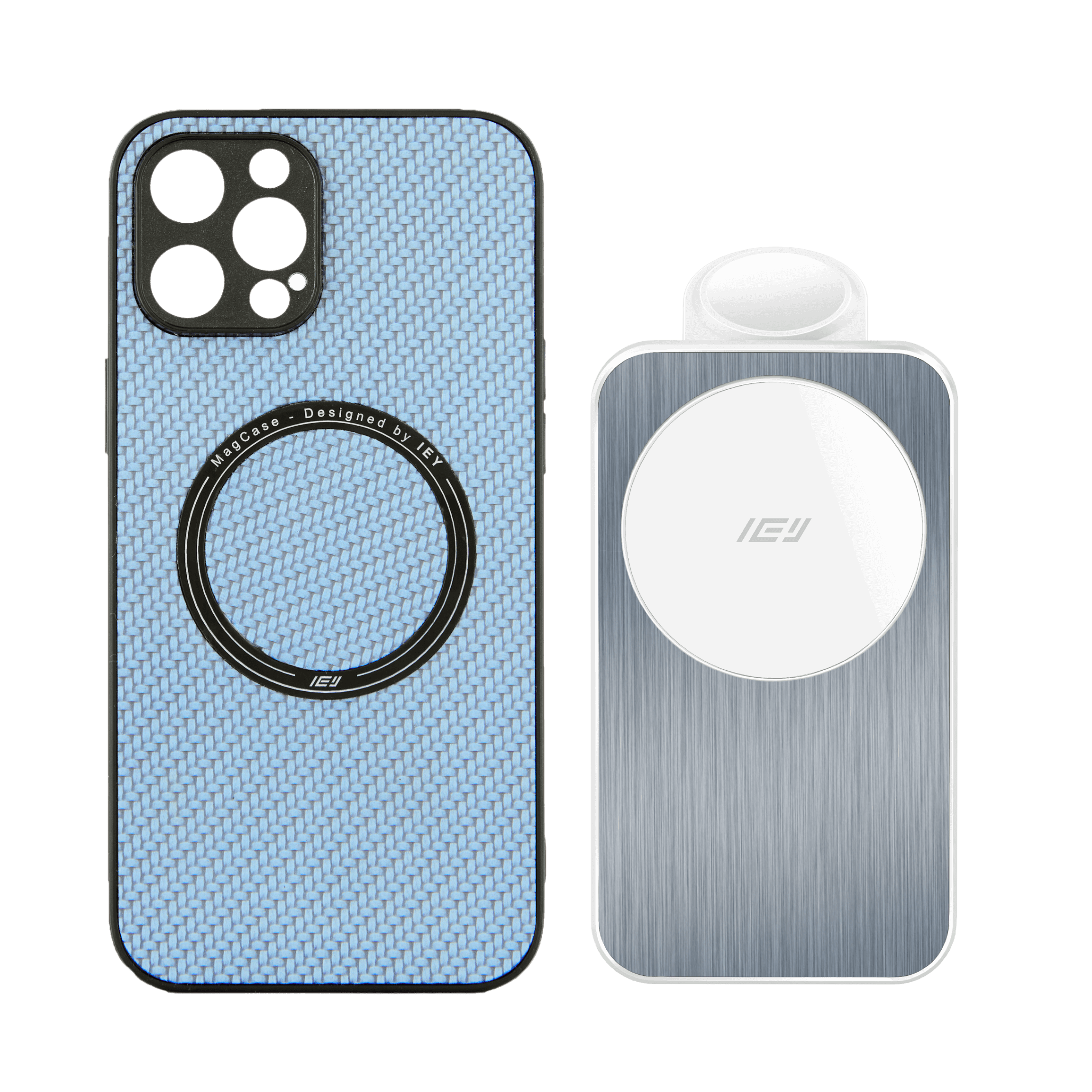 Combo MagSafe IEY con funda transparente y estación de carga inalámbrica plegable, diseño minimalista y premium. #color_blanco