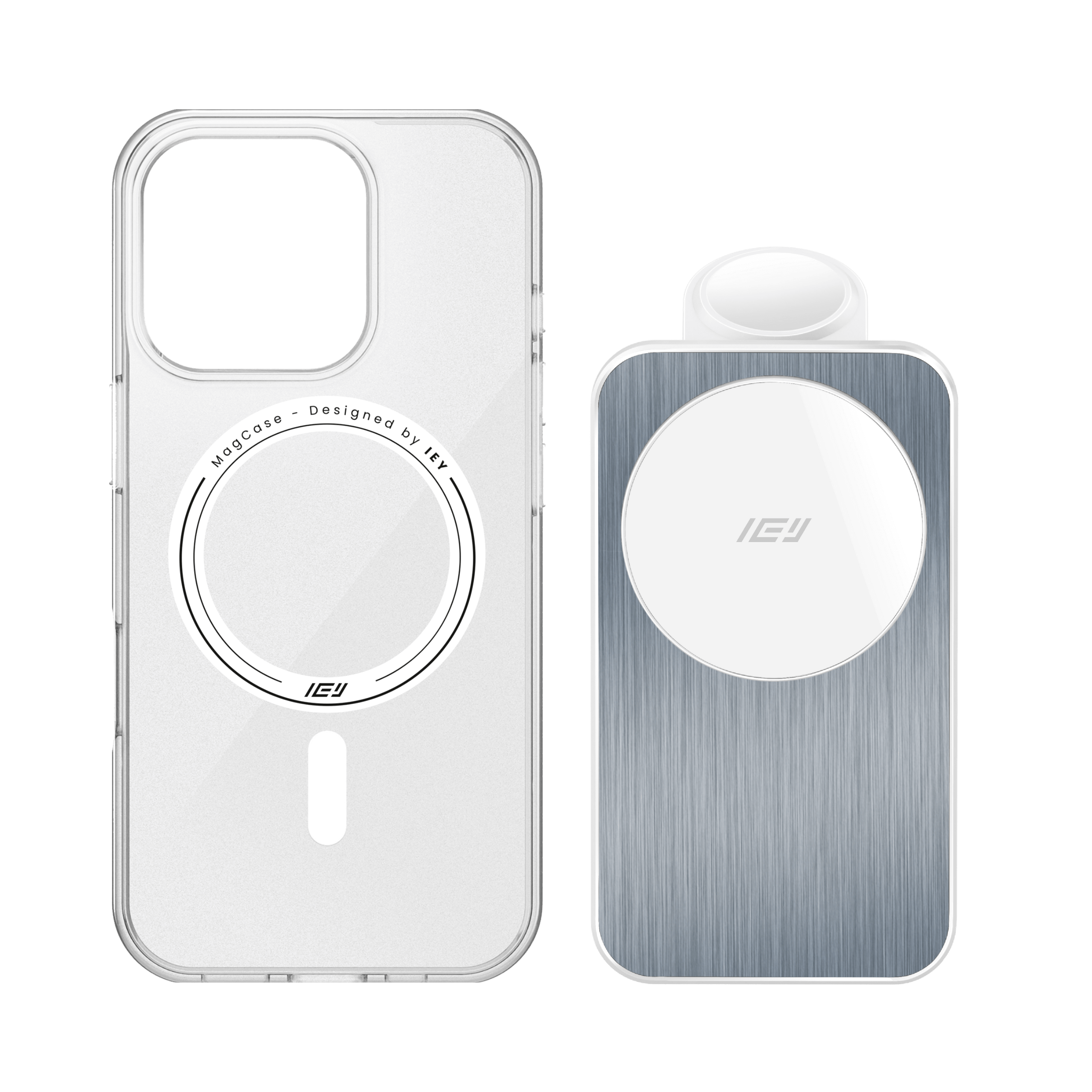 Combo MagSafe IEY con funda transparente y estación de carga inalámbrica plegable, diseño minimalista y premium. #color_blanco