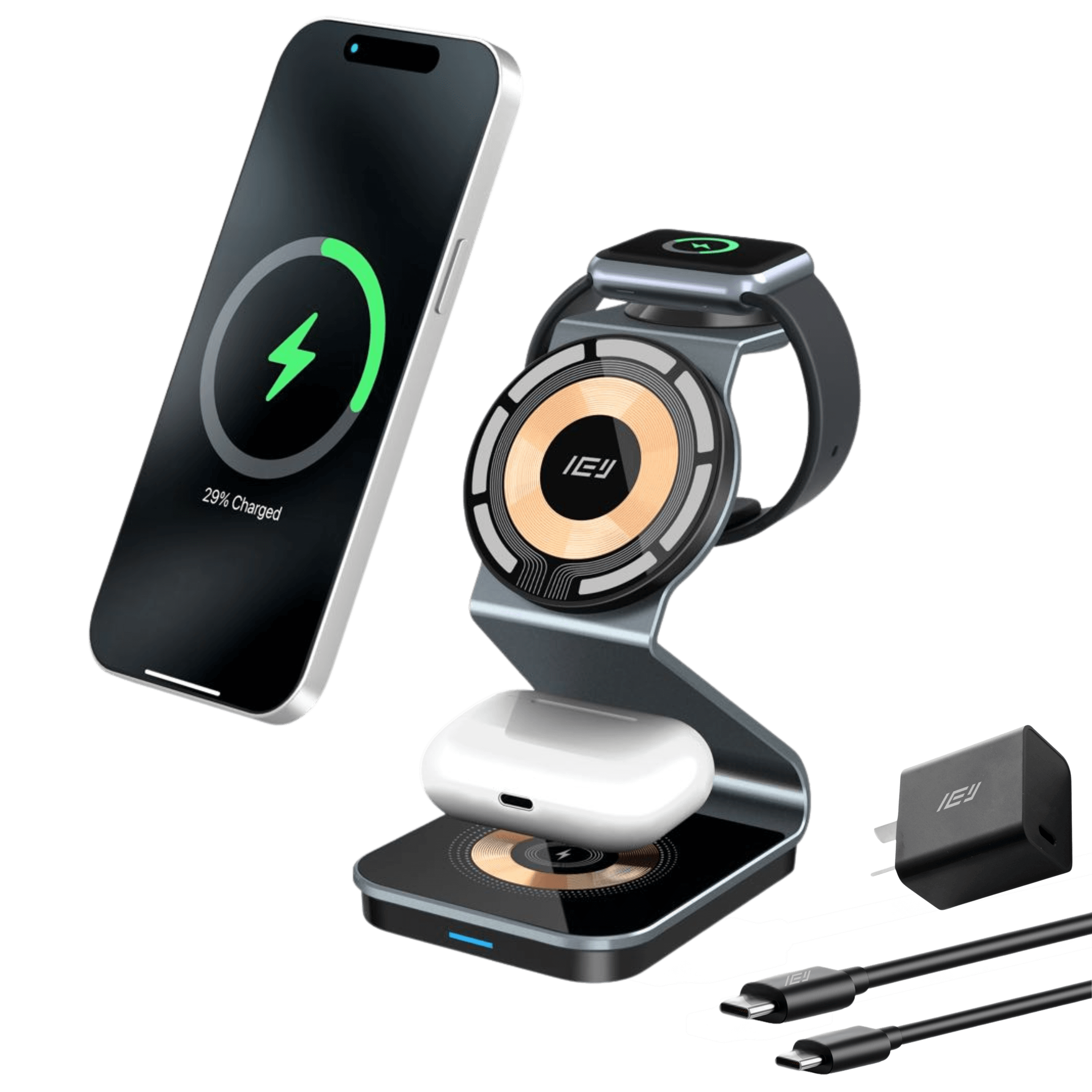 Estación de carga inalámbrica 3 en 1 MagCharger con iPhone, Apple Watch y AirPods en uso con cargador de pared incluido #color_gris azulado