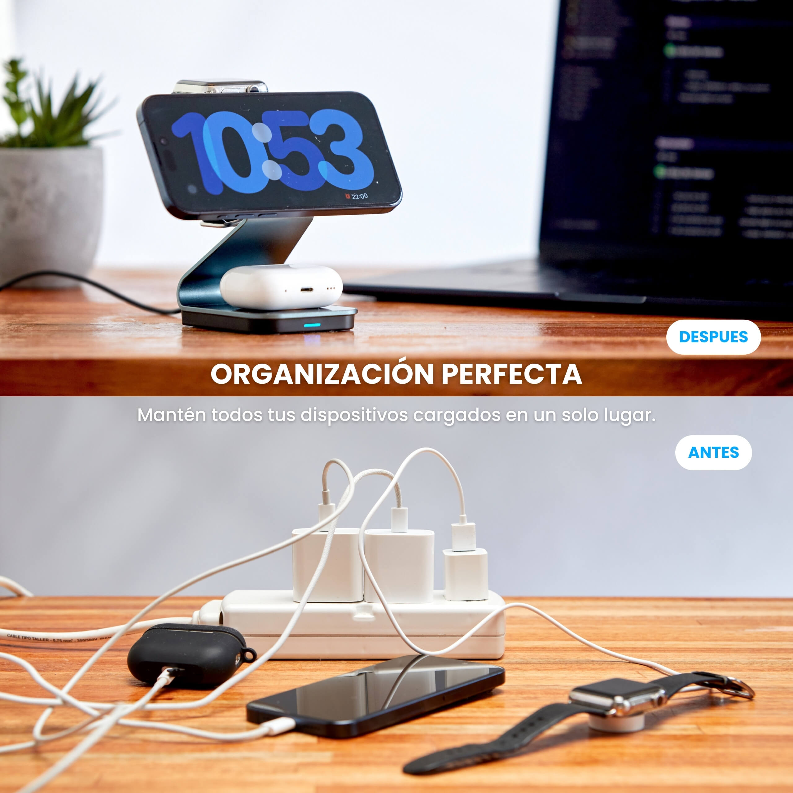 Base MagCharger mostrando carga simultánea de tres dispositivos y diseño moderno