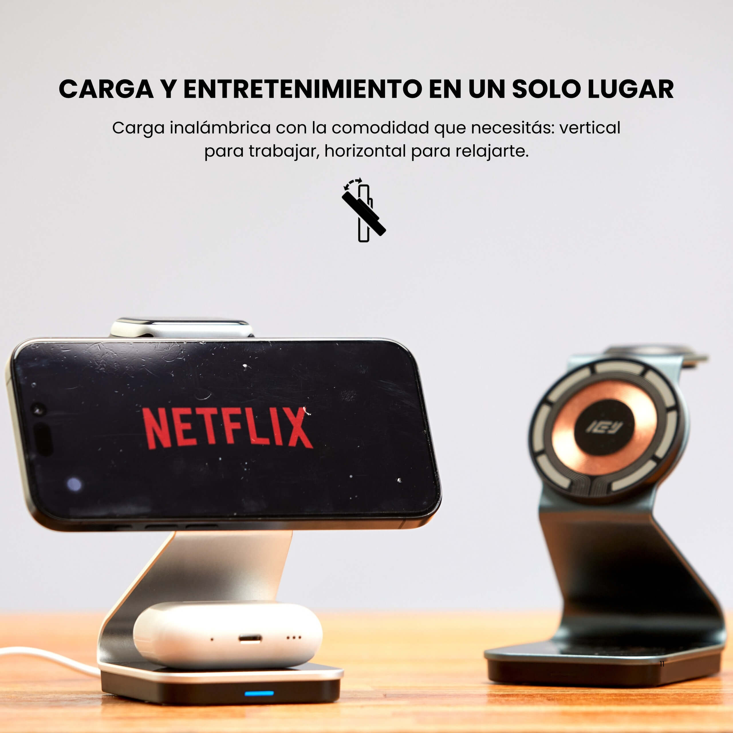 Cargador inalámbrico MagCharger sosteniendo iPhone con app Netflix en modo manos libres