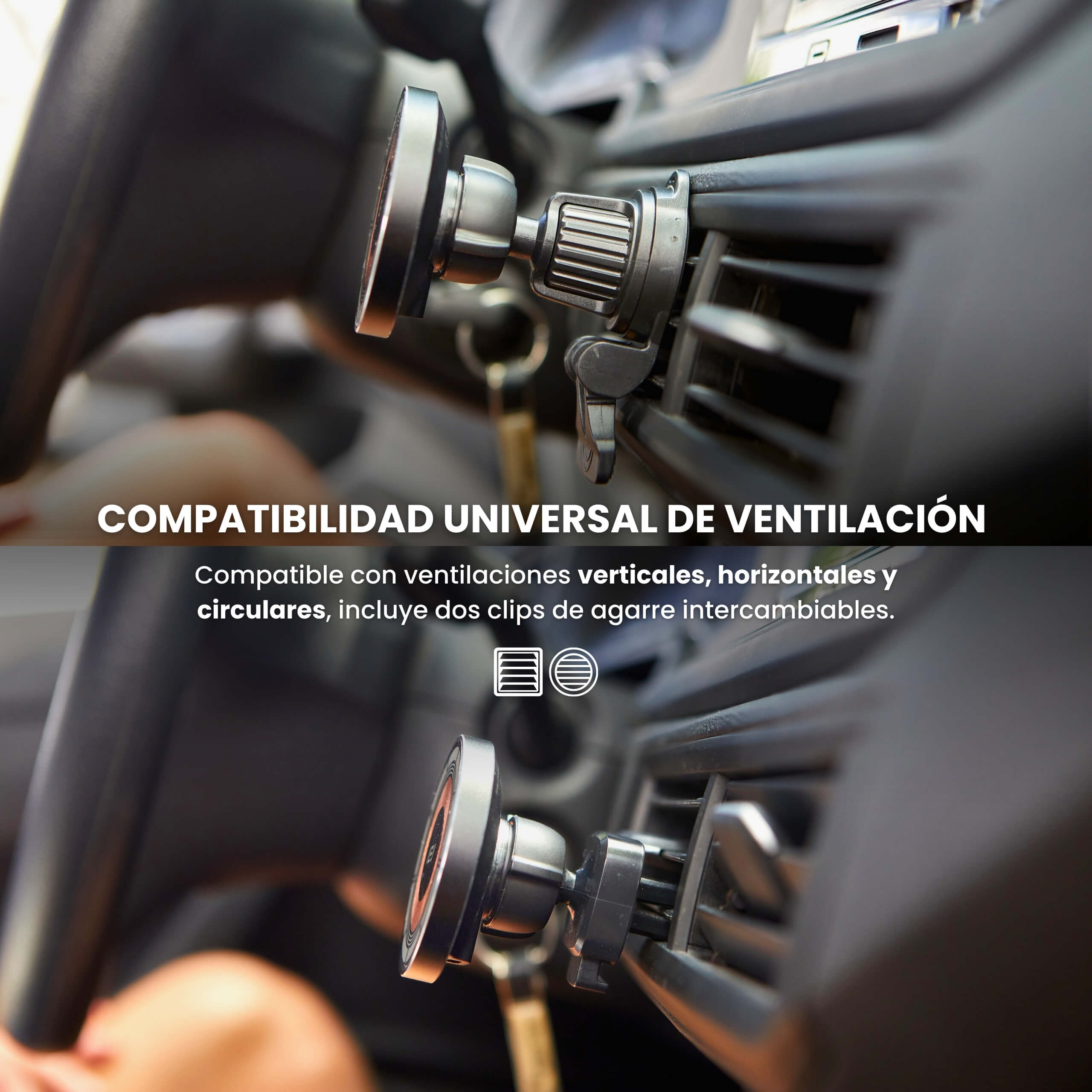 iPhone conectado al MagCharger en ventilación del auto, con sujeción segura incluso en movimiento