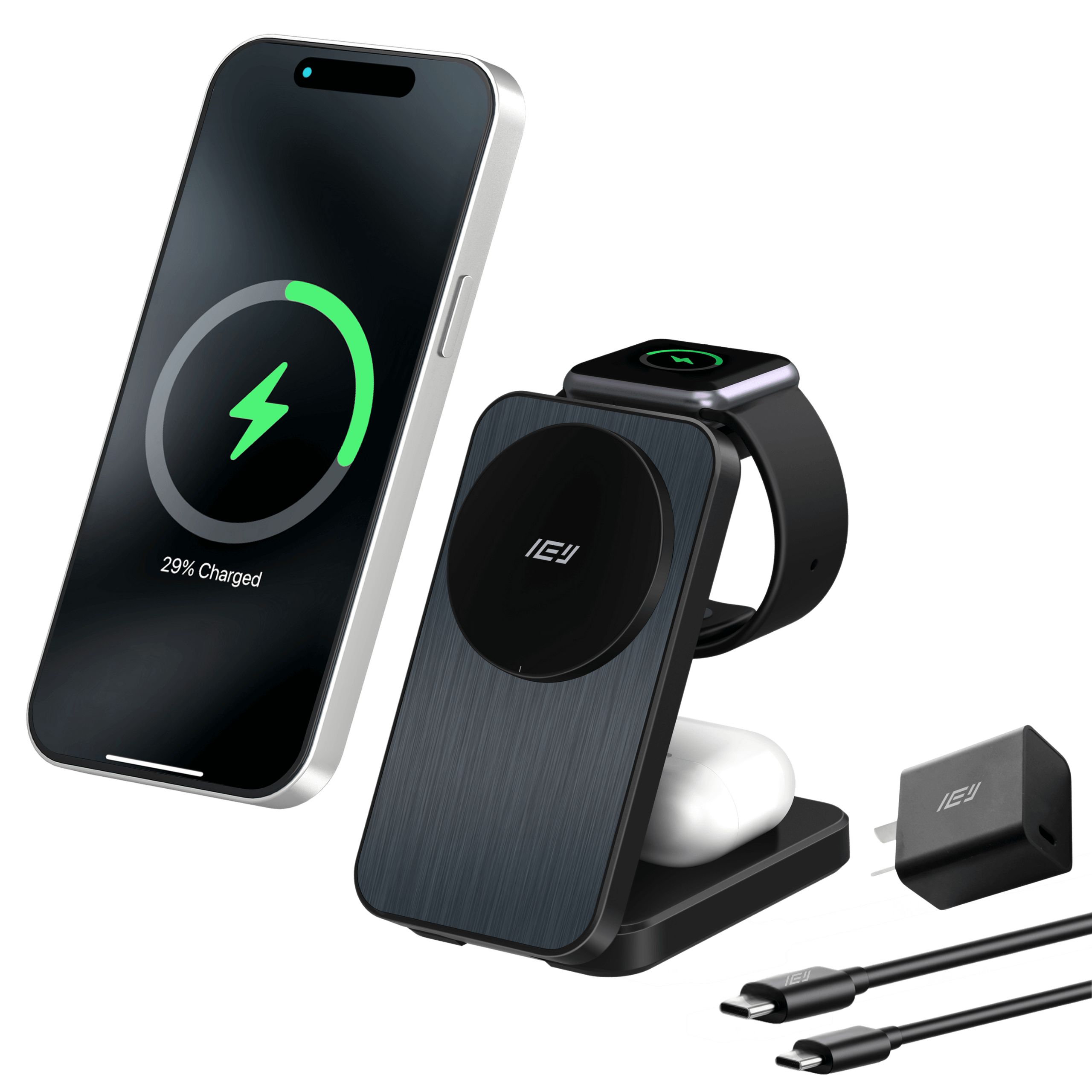 Estación de carga inalámbrica plegable 3 en 1 MagCharger con iPhone, Apple Watch y AirPods en uso con cargador de pared incluido #color_negro