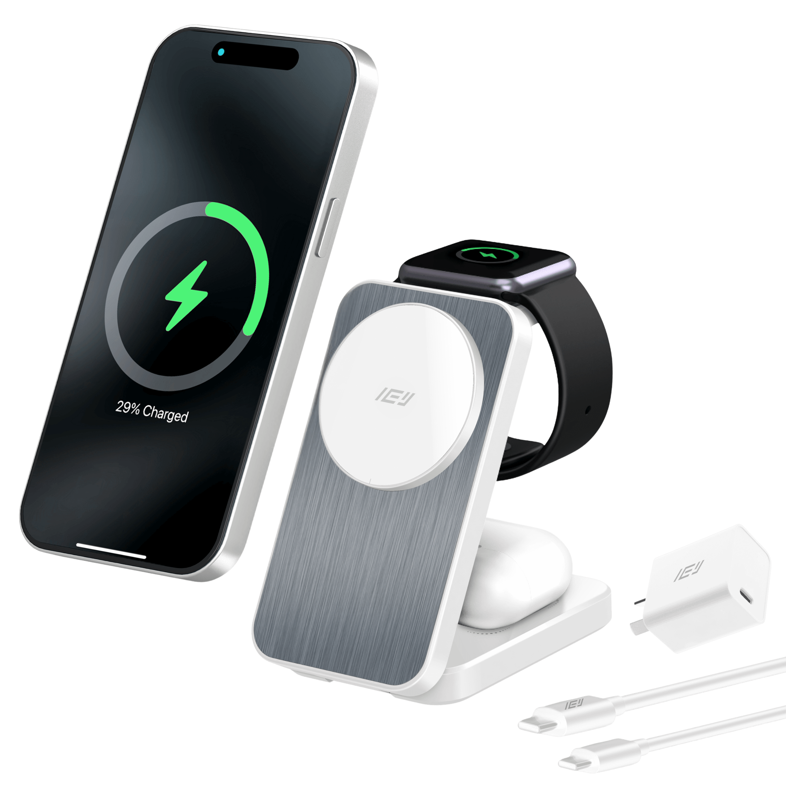 Estación de carga inalámbrica plegable 3 en 1 MagCharger con iPhone, Apple Watch y AirPods en uso con cargador de pared incluido #color_blanco