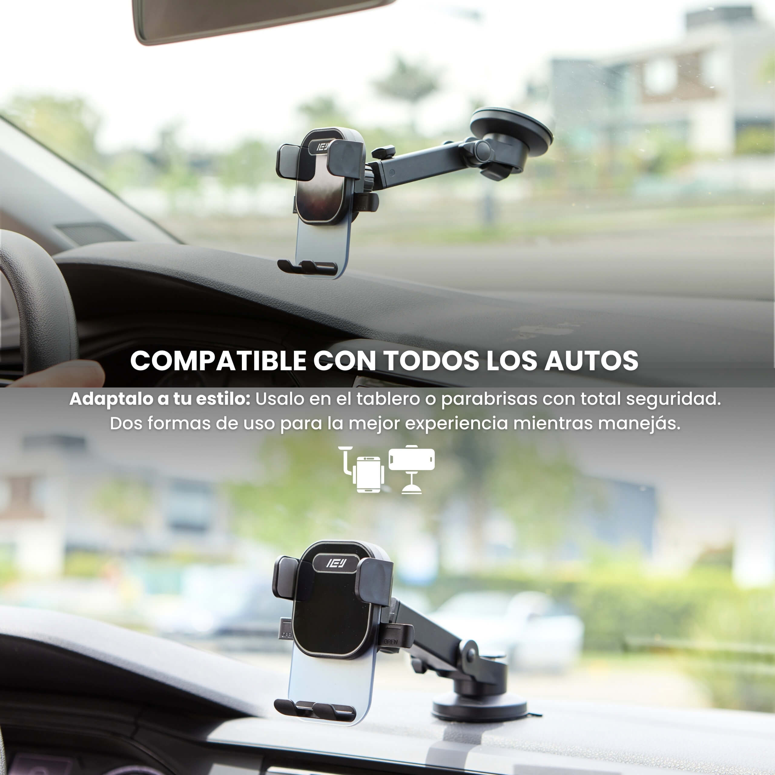 Soporte MagMount sujetando teléfono con firmeza compatible con todo tipo de autos y dispositivos móviles.