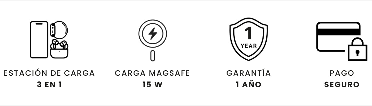 Beneficios del producto: estacion de carga 3 en 1, carga magsafe 15w , garantía de 1 año y pago seguro.