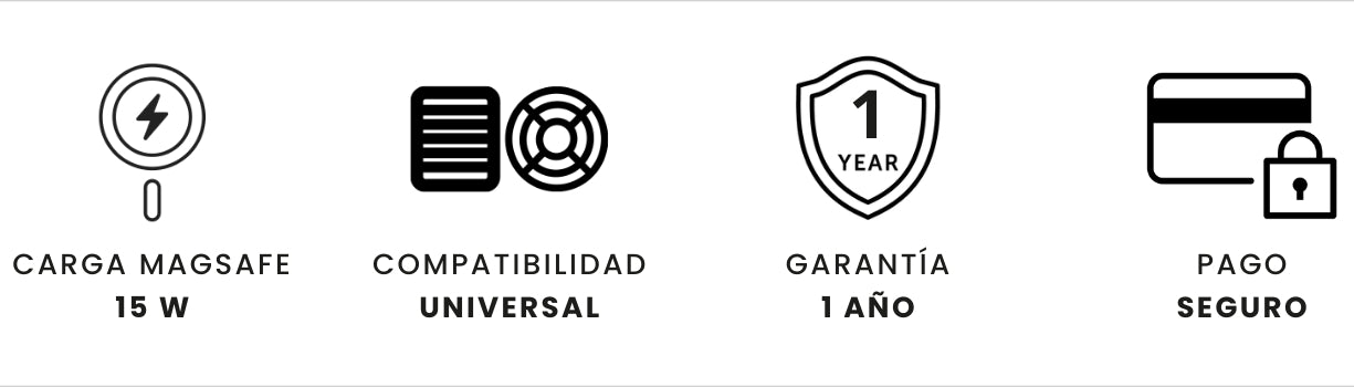 Beneficios del producto: carga magsafe 15w, compatibilidad universal, garantía de 1 año y pago seguro.