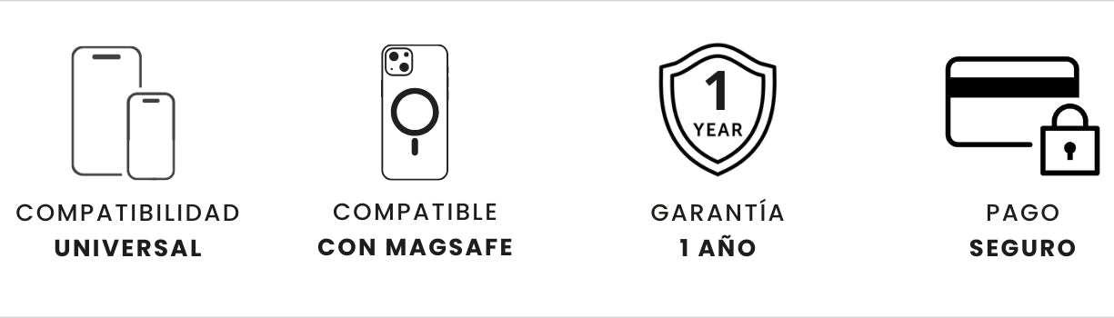 Beneficios del producto: compatibilidad universal, compatible con MagSafe, garantía de 1 año y pago seguro.