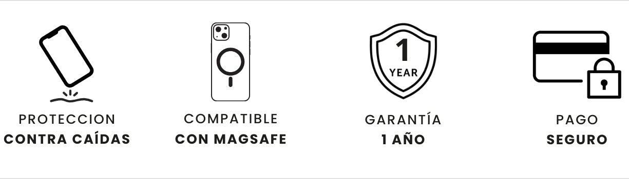 Beneficios del producto: proteccion contra caidas, compatible con MagSafe, garantía de 1 año y pago seguro.
