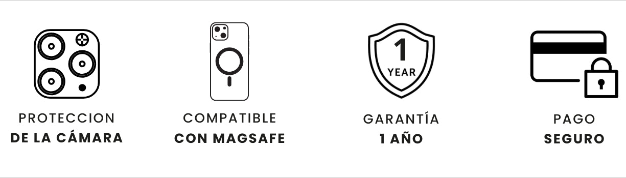 Beneficios del producto: proteccion de la camara, compatible con MagSafe, garantía de 1 año y pago seguro.