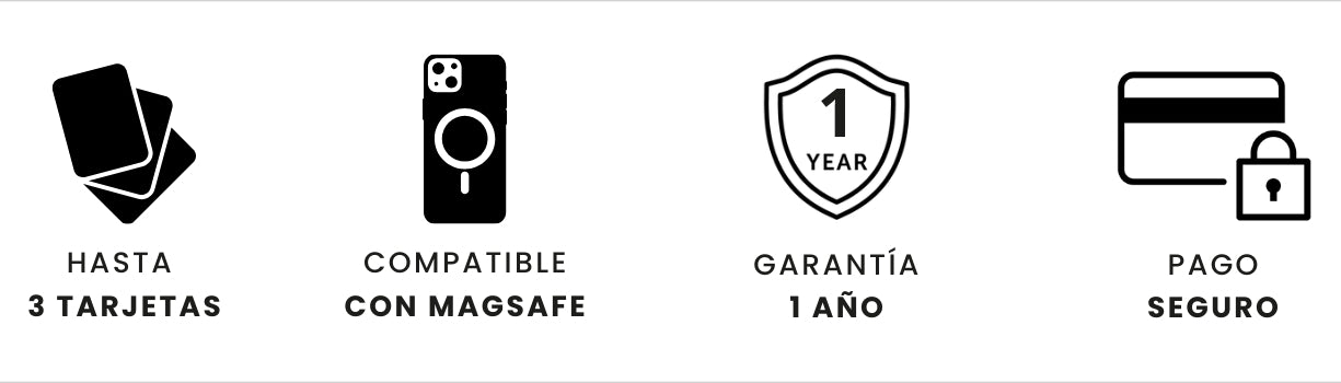 Beneficios del producto: porta tarjetas con capacidad para 3 tarjetas, compatible con MagSafe, garantía de 1 año y pago seguro.