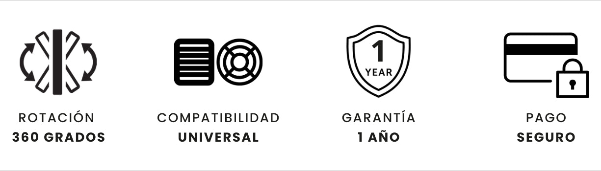 Beneficios del producto: rotacion 360°, compatibilidad universal, garantía de 1 año y pago seguro.
