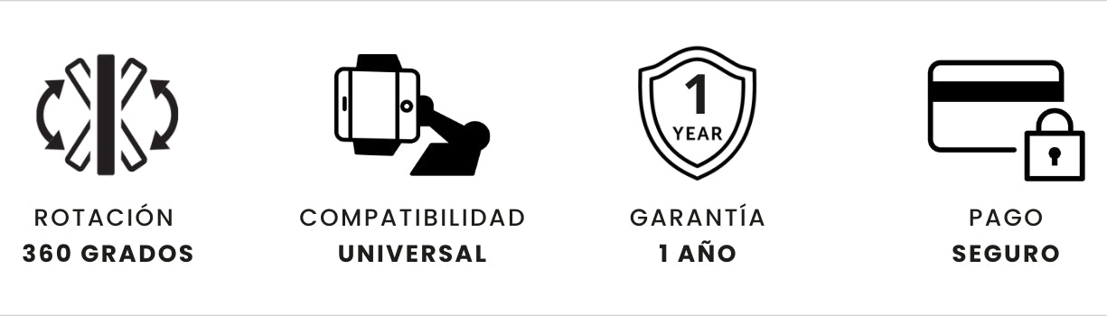 Beneficios del producto: rotacion 360°, compatibilidad universal, garantía de 1 año y pago seguro.